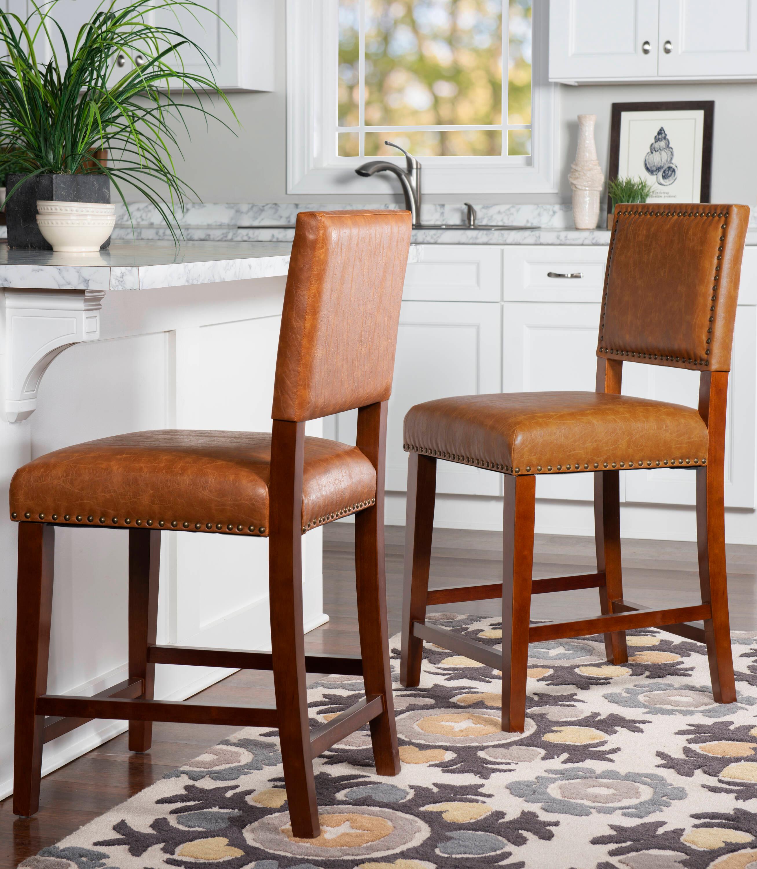 24" Brook Padded Back Faux Leather Nailhead Counter Height Barstool Caramel - Linon: Cherry-Stained Legs, Footrails