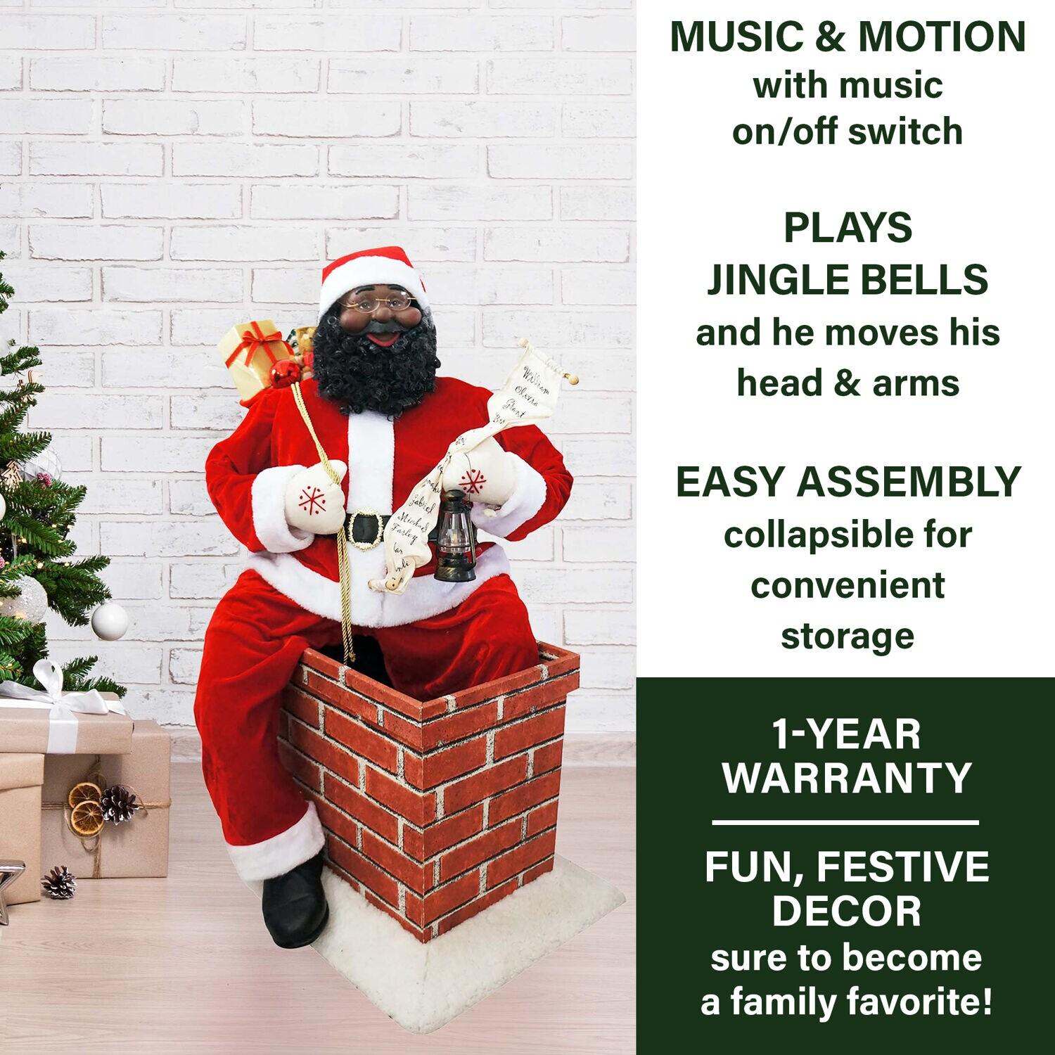 Fraser Hill Farm 48" Music and Motion African American Santa Claus in the Chimney, Life-Size Christmas Holiday Indoor Home Decor