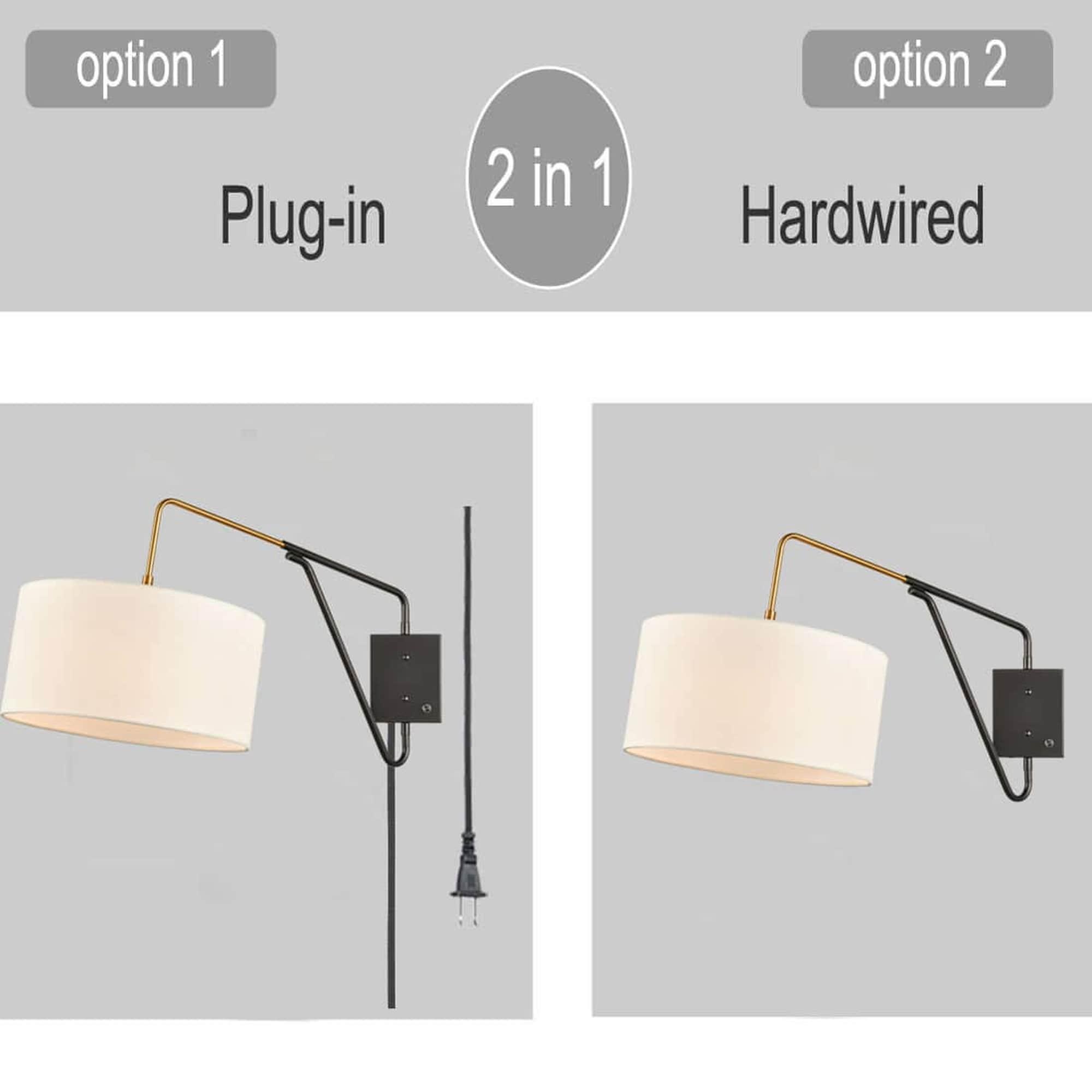 Claxy Black Plug in Wall Sconce Swing Arm Wall Lamp with Drum Fabric Shade