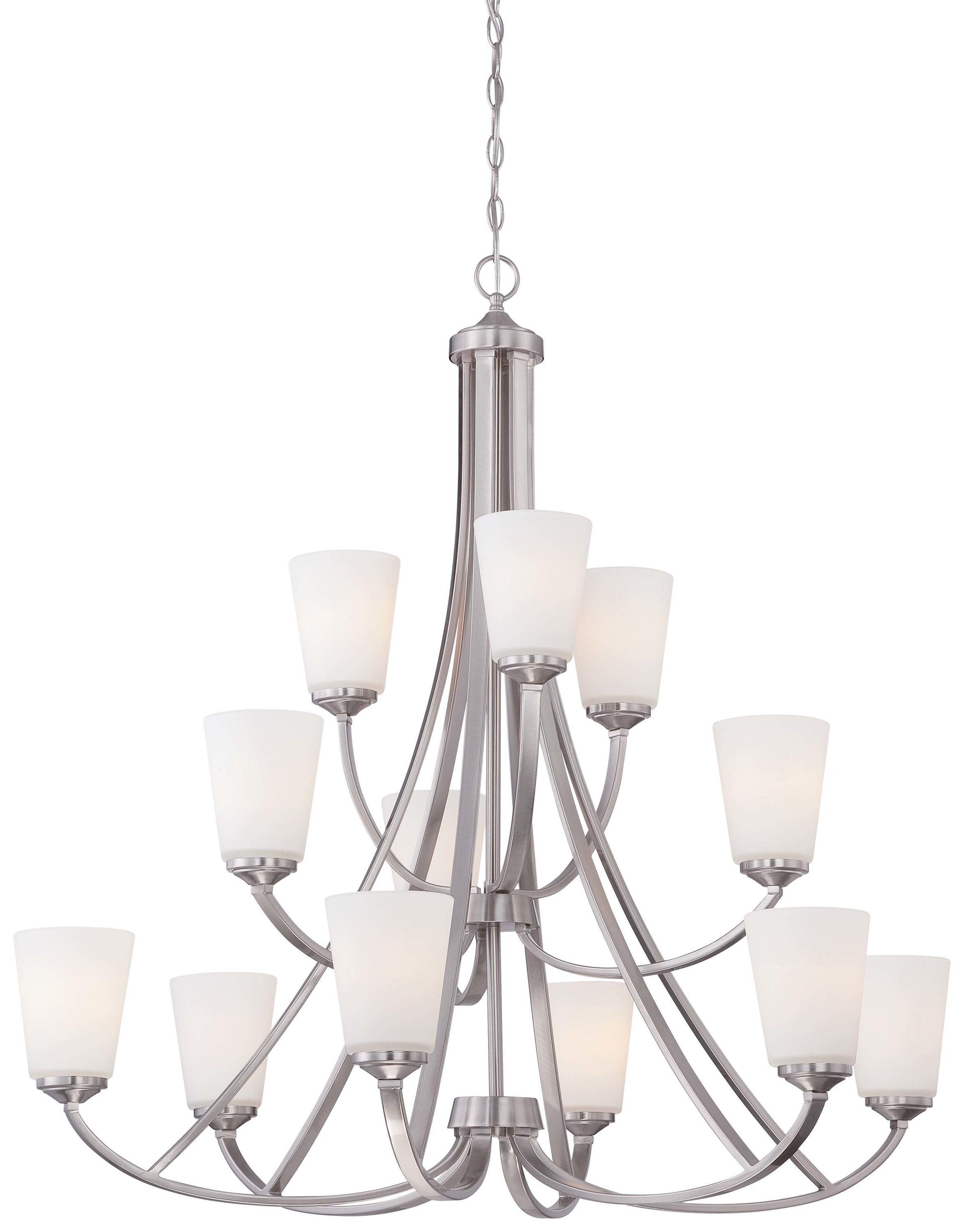 Contemporary Elegance Brushed Nickel 12-Light Chandelier with Etched White Glass