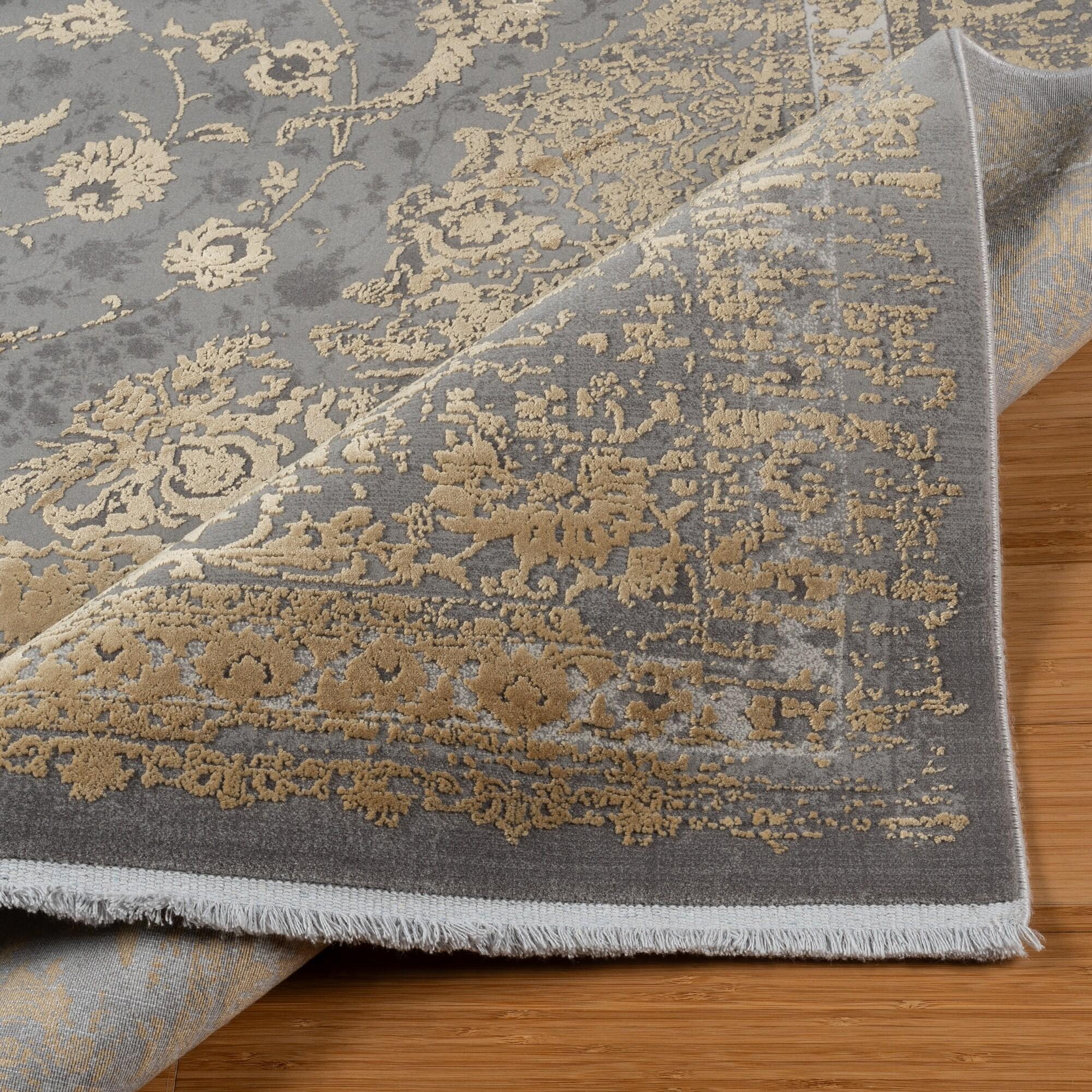 Gertmenian Florance Foggia Traditional Oriental Gold/Charcoal Gray High-Low Viscose/Acrylic Area Rug