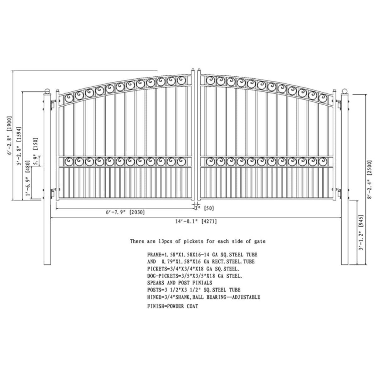 ALEKO Garden Steel Dual Swing 14 x 6 feet Black Driveway Gate Paris Style