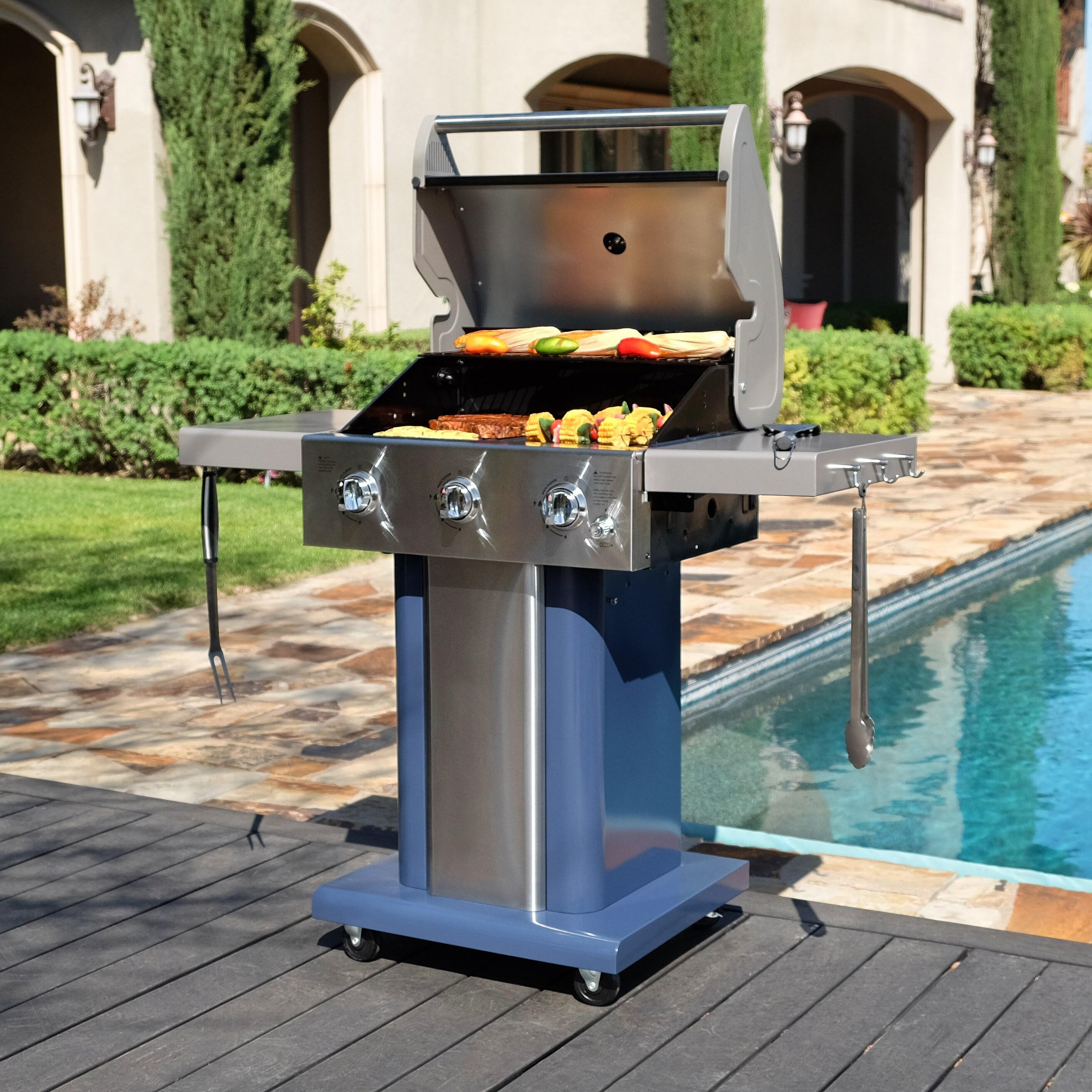 Permasteel 3-Burner Compact Propane Gas Grill with Foldable Side Tables and Grilling Tool Hooks