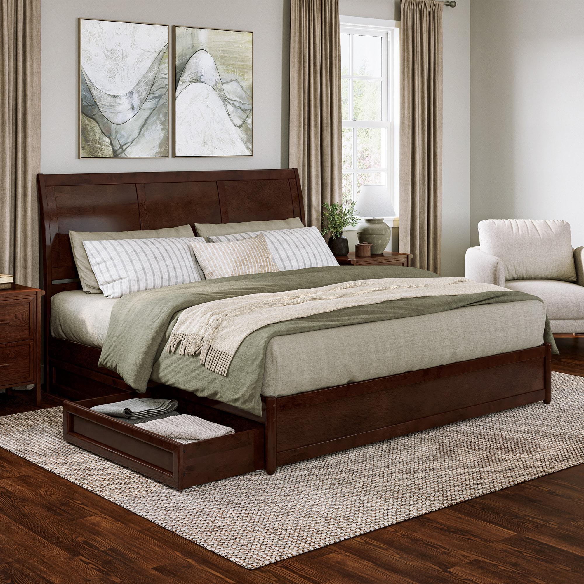 AFI, Andorra King Platform Bed with Panel Footboard and Storage Drawers, Walnut