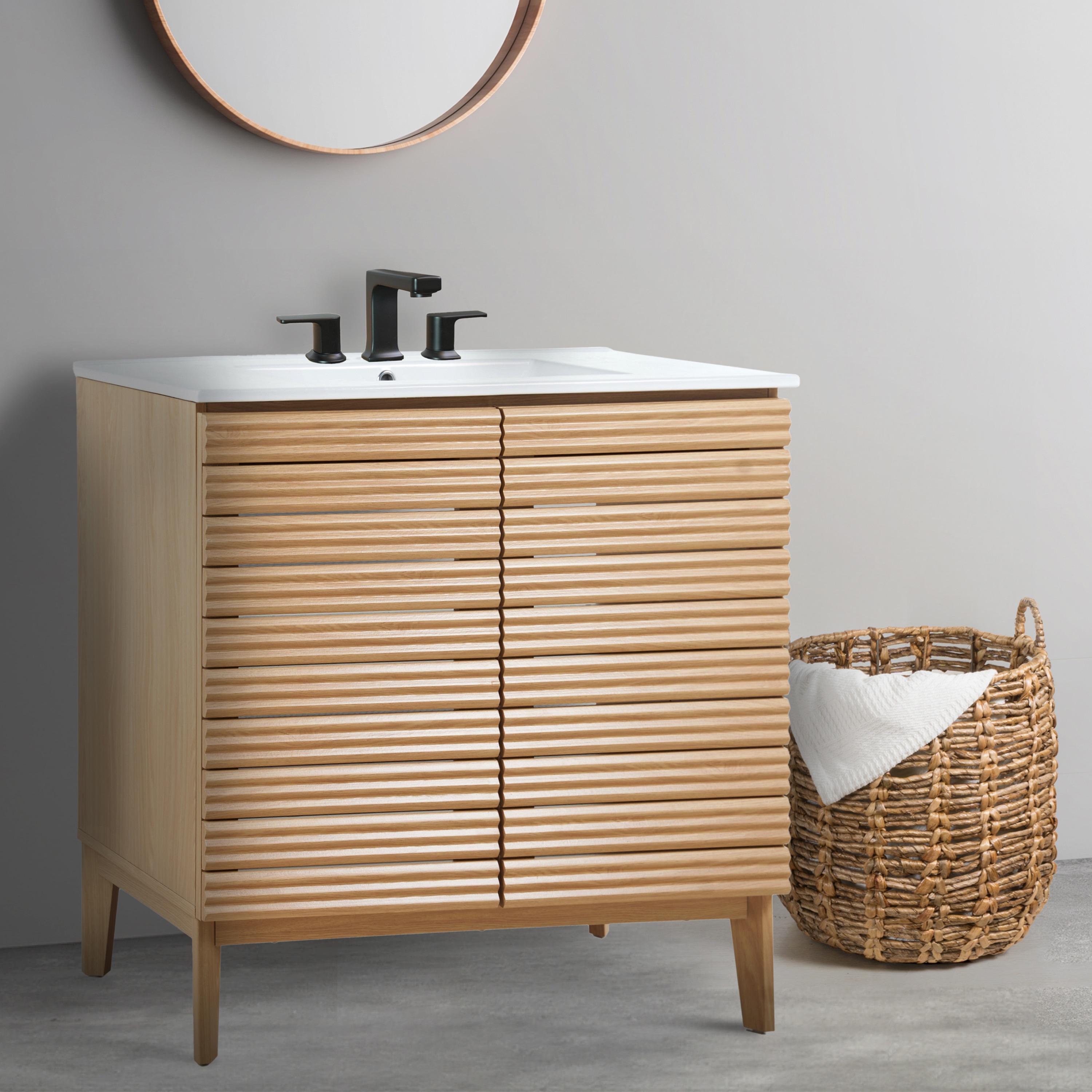 Calandre 36" Slat Modern Farmhouse 2-Shelf Bath Vanity Cabinet Only (Sink Basin not Included)