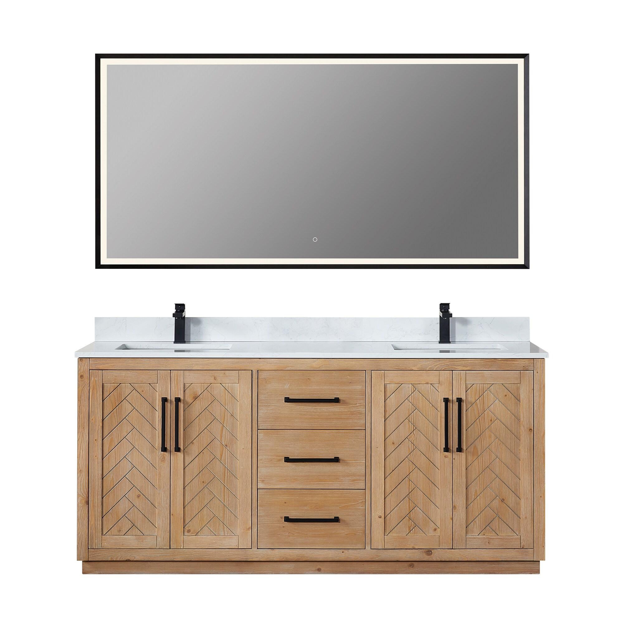 Anais 72" Wood Vanity in Light Brown with White Composite Stone Top with Mirror