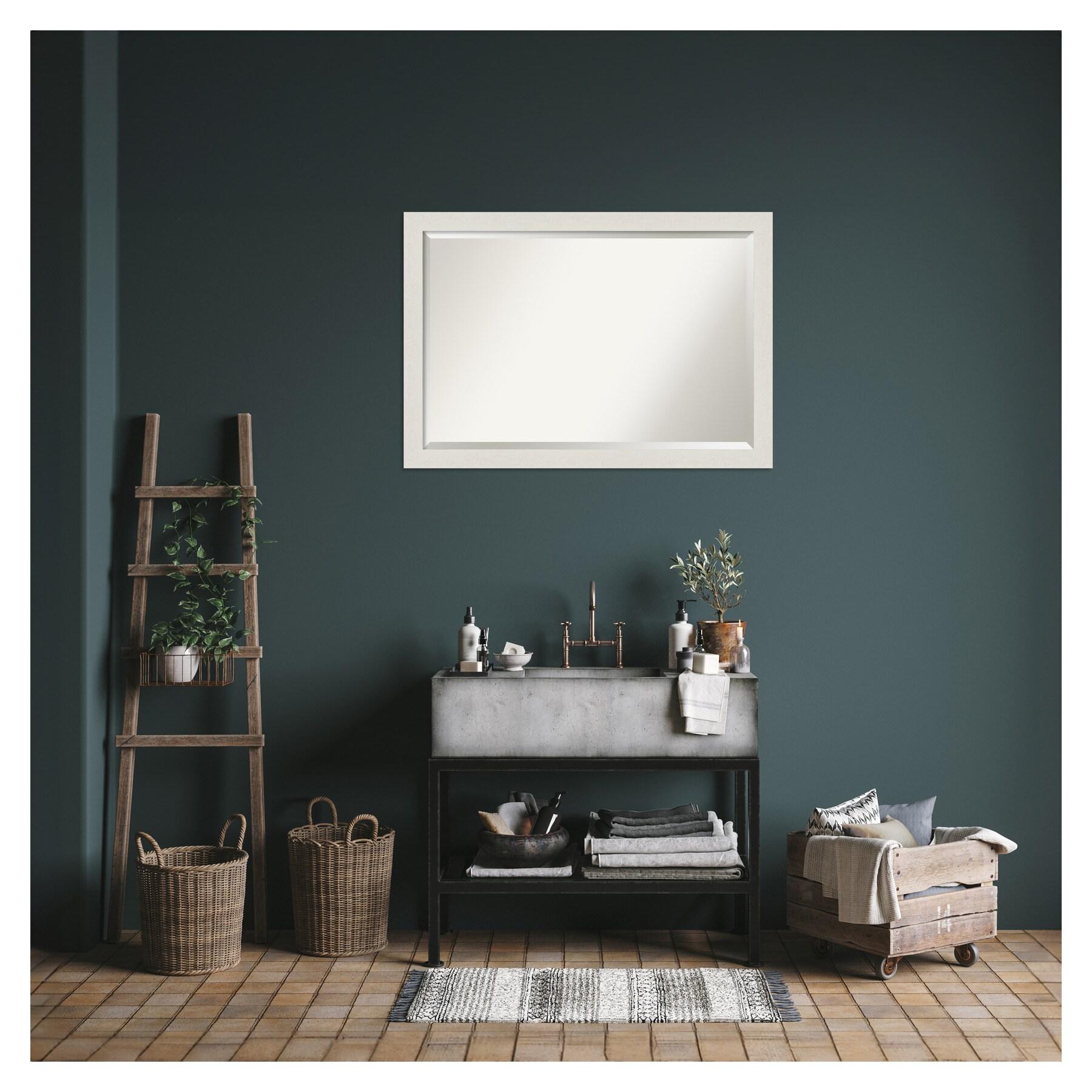 39" x 27" Rustic Plank White Framed Bathroom Vanity Wall Mirror - Amanti Art: Wall Mounted, Includes Hardware