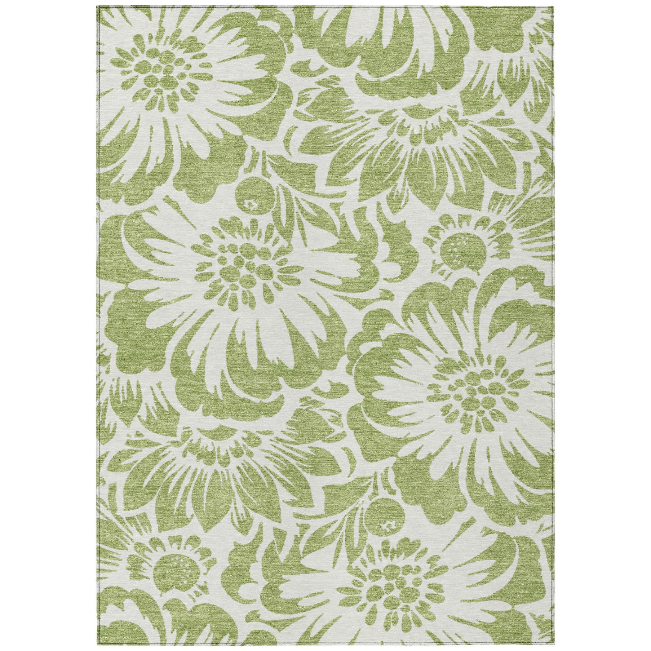 Aloe Green Floral Synthetic Washable 3' x 5' Area Rug