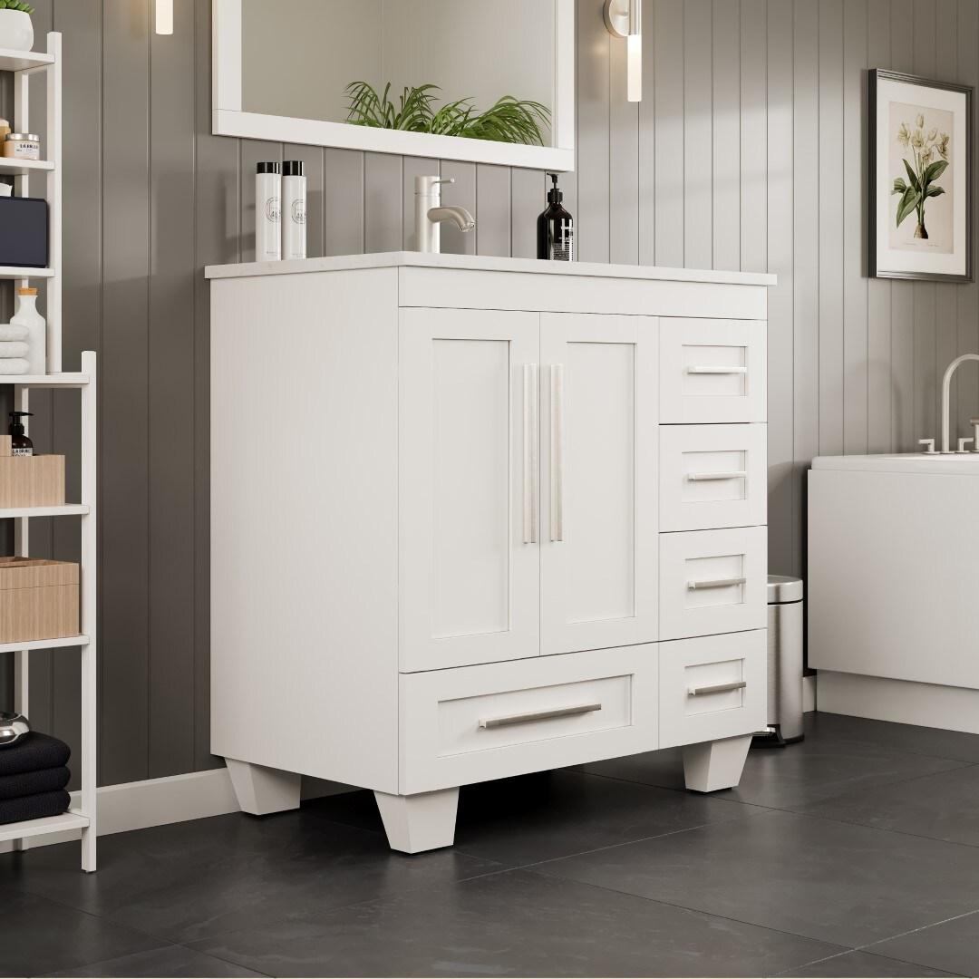 Eviva Loon 30" Long Handles Transitional White Bathroom Vanity with White Carrara Quartz Countertop