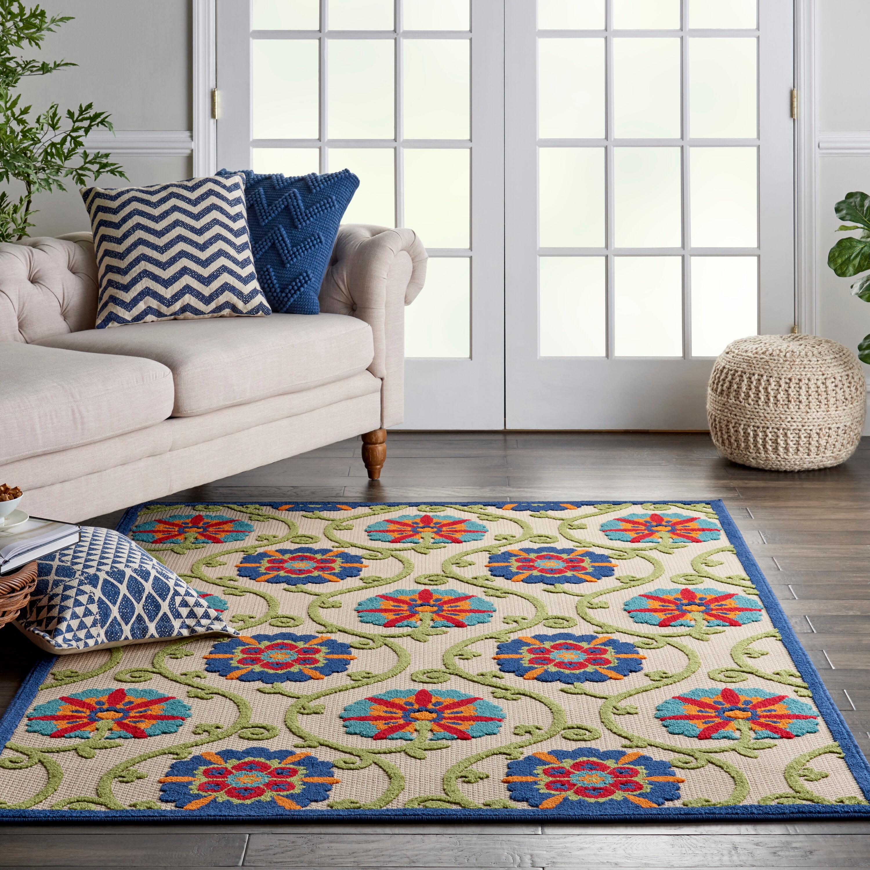 Nourison Aloha Contemporary Floral Flatweave High-Low Indoor Outdoor Area Rug Blue/Multicolor 3'6" x 5'6"