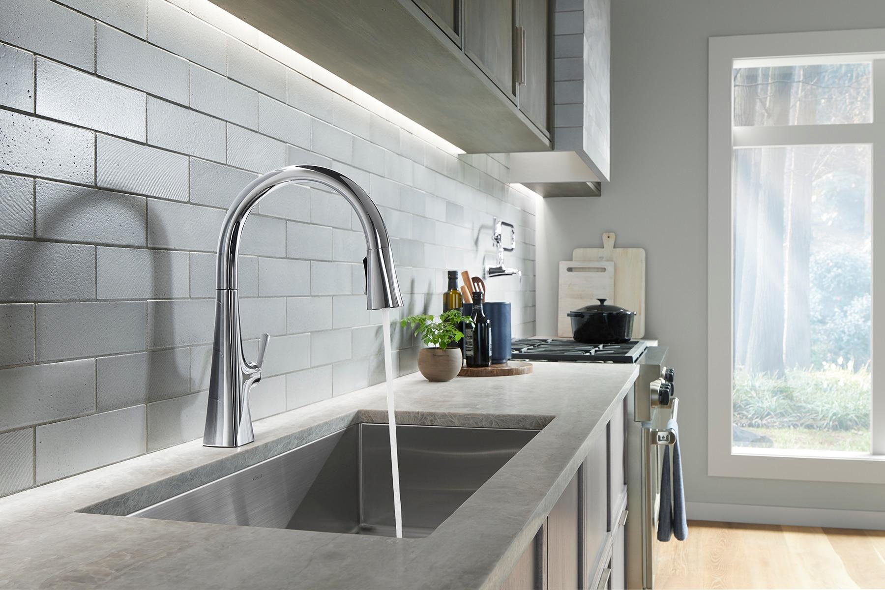 Graze Pull-Down Single Handle Kitchen Faucet With Three-Function Sprayhead With Accessories