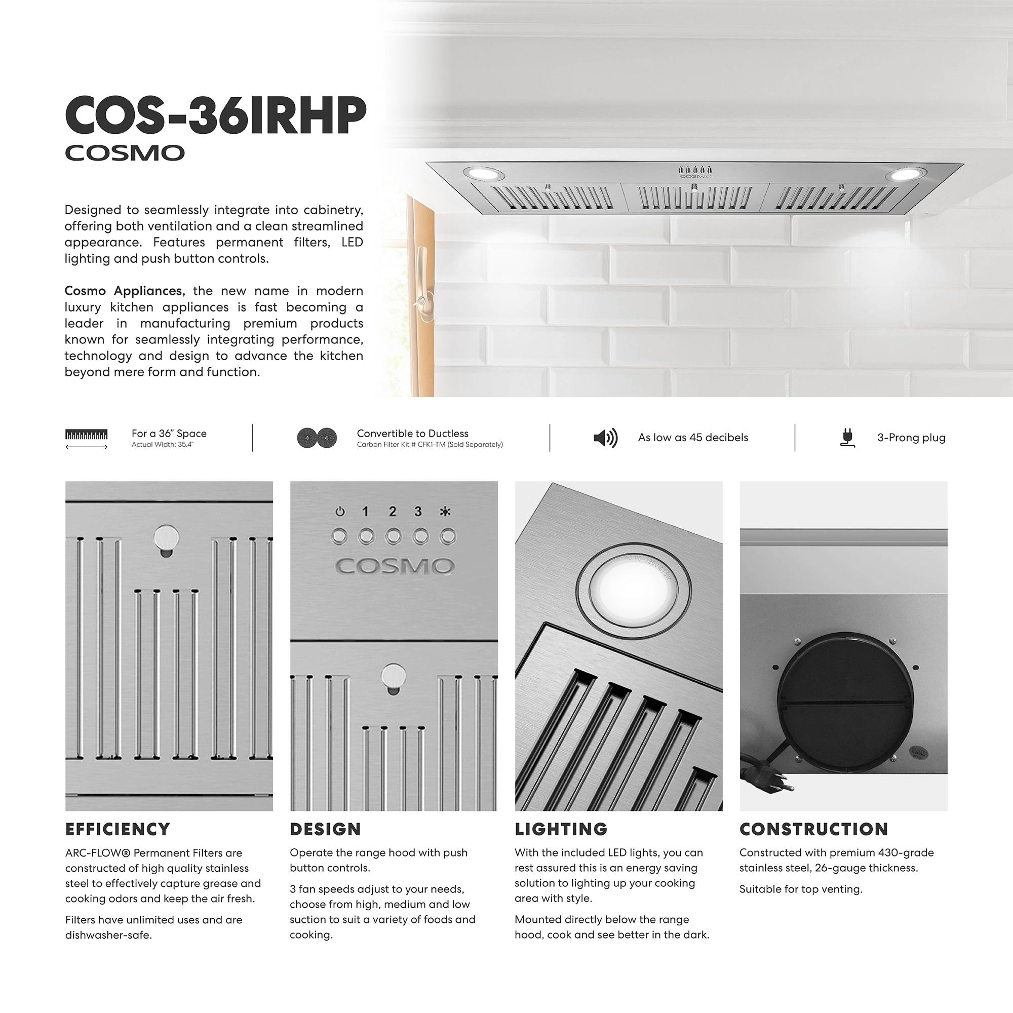 Cosmo 36 in. Insert Range Hood w/ Push Button Controls, 3-speed Fan, LED Lights and Permanent Filter