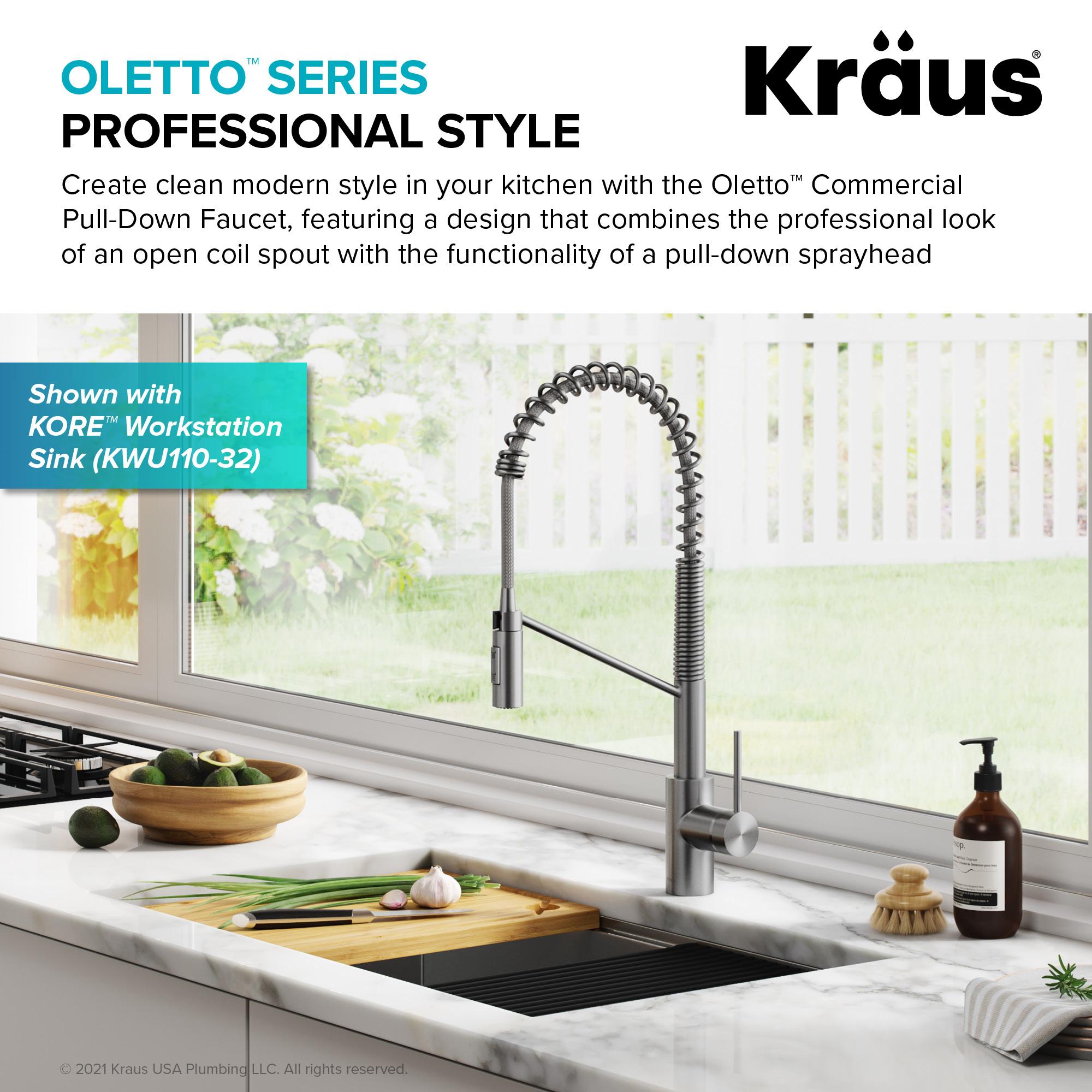 KRAUS Oletto Commercial Style Single Handle Pull Down Kitchen Faucet with QuickDock Top Mount Installation Assembly