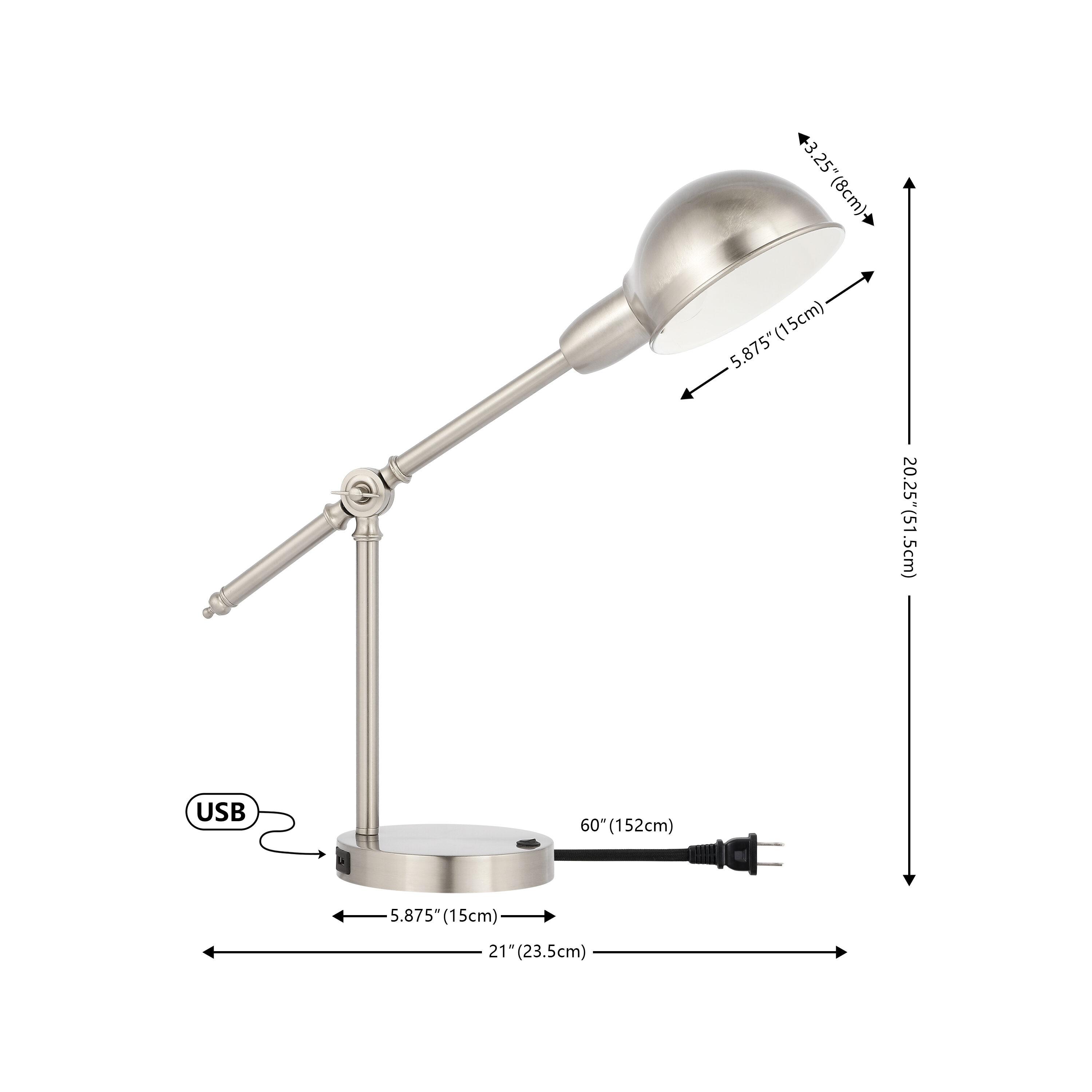 JONATHAN Y Curtis 20.25" Vintage Industrial Iron Adjustable Dome Shade LED Task Lamp with USB Charging Port, Nickel, JYL7123B