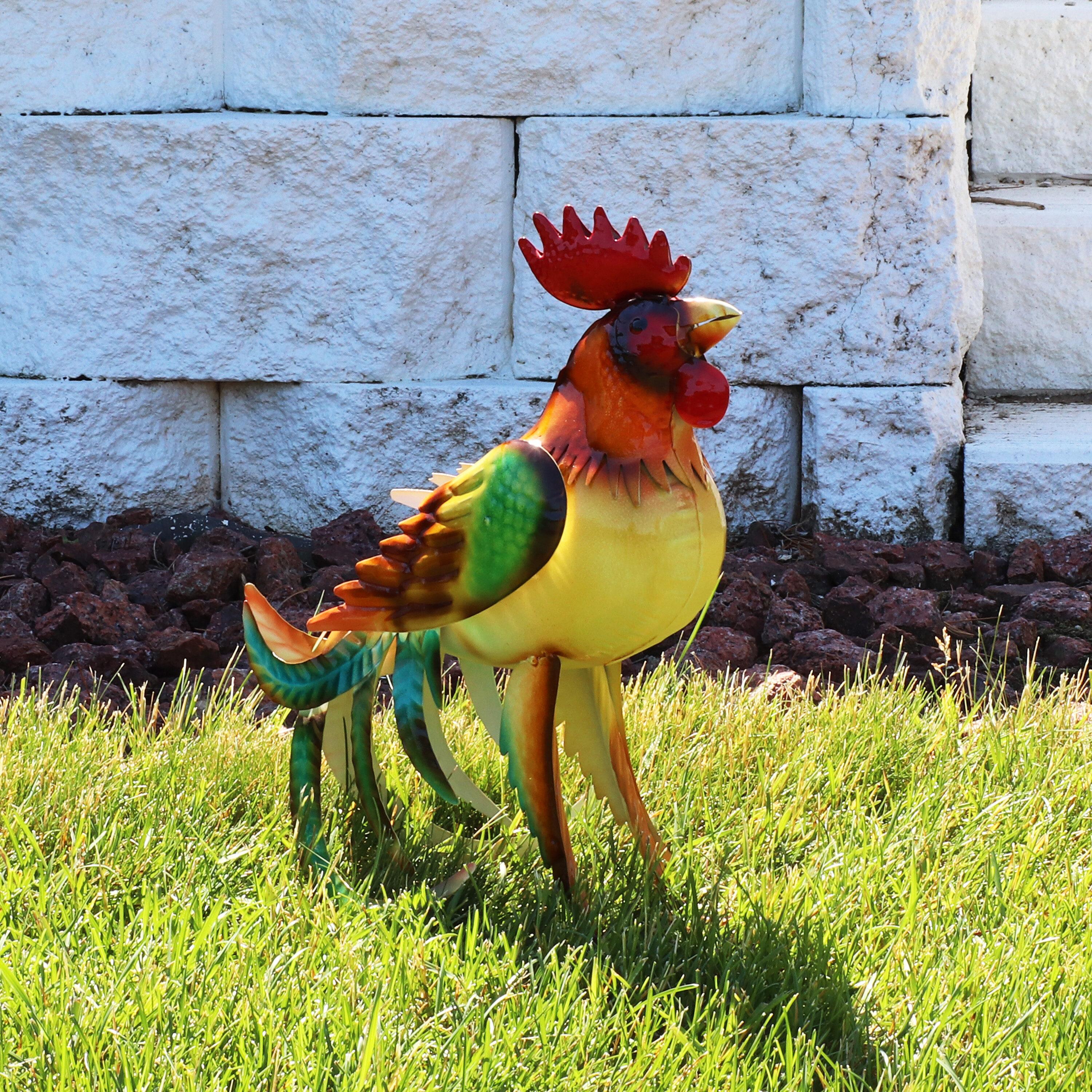 Sunnydaze Romeo the Rooster Metal Outdoor Statue - 16" – Red, Orange, Yellow, and Green