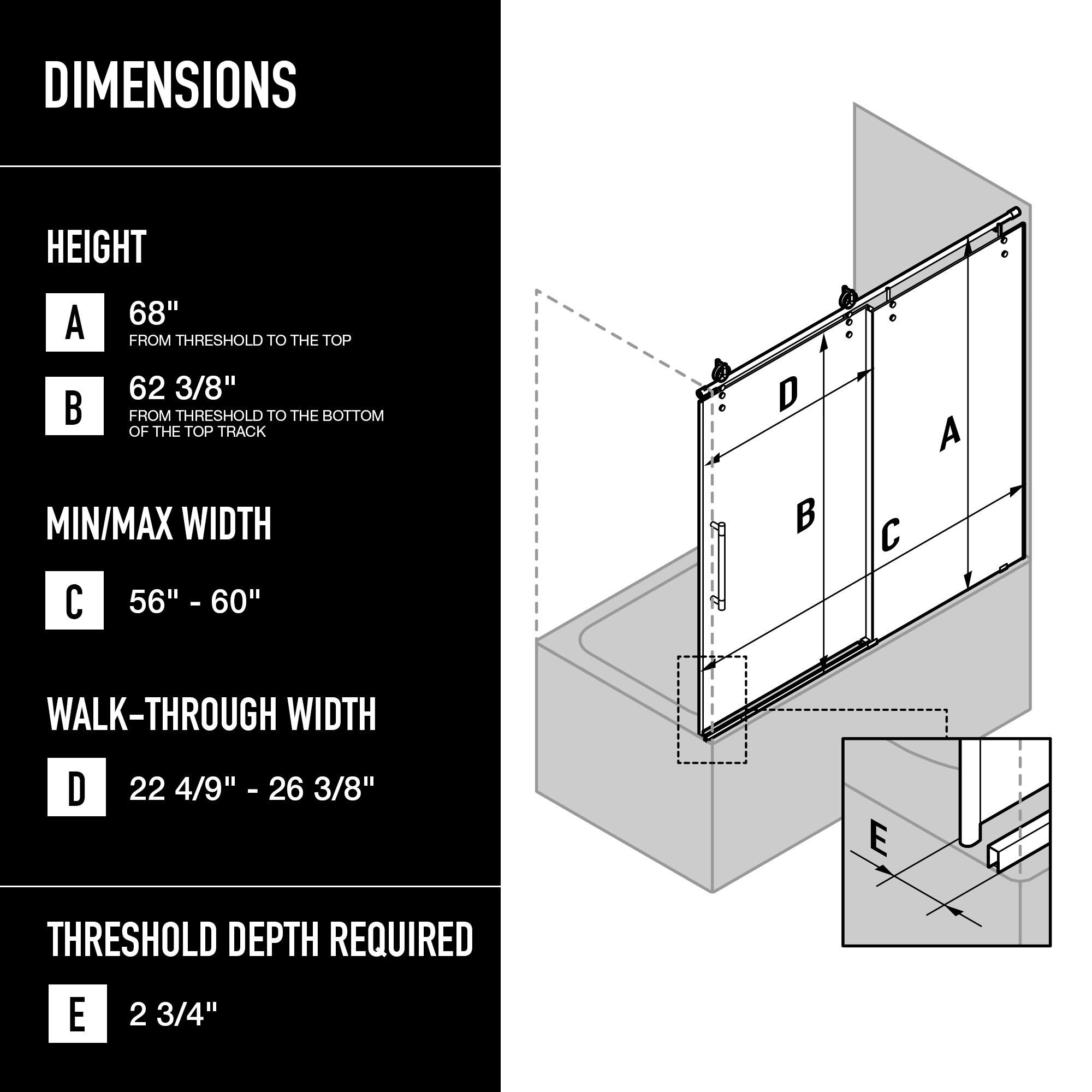 Hamilton 56-60" W x 68" H Sliding Frameless Tub Door with 3/8" Clear Glass