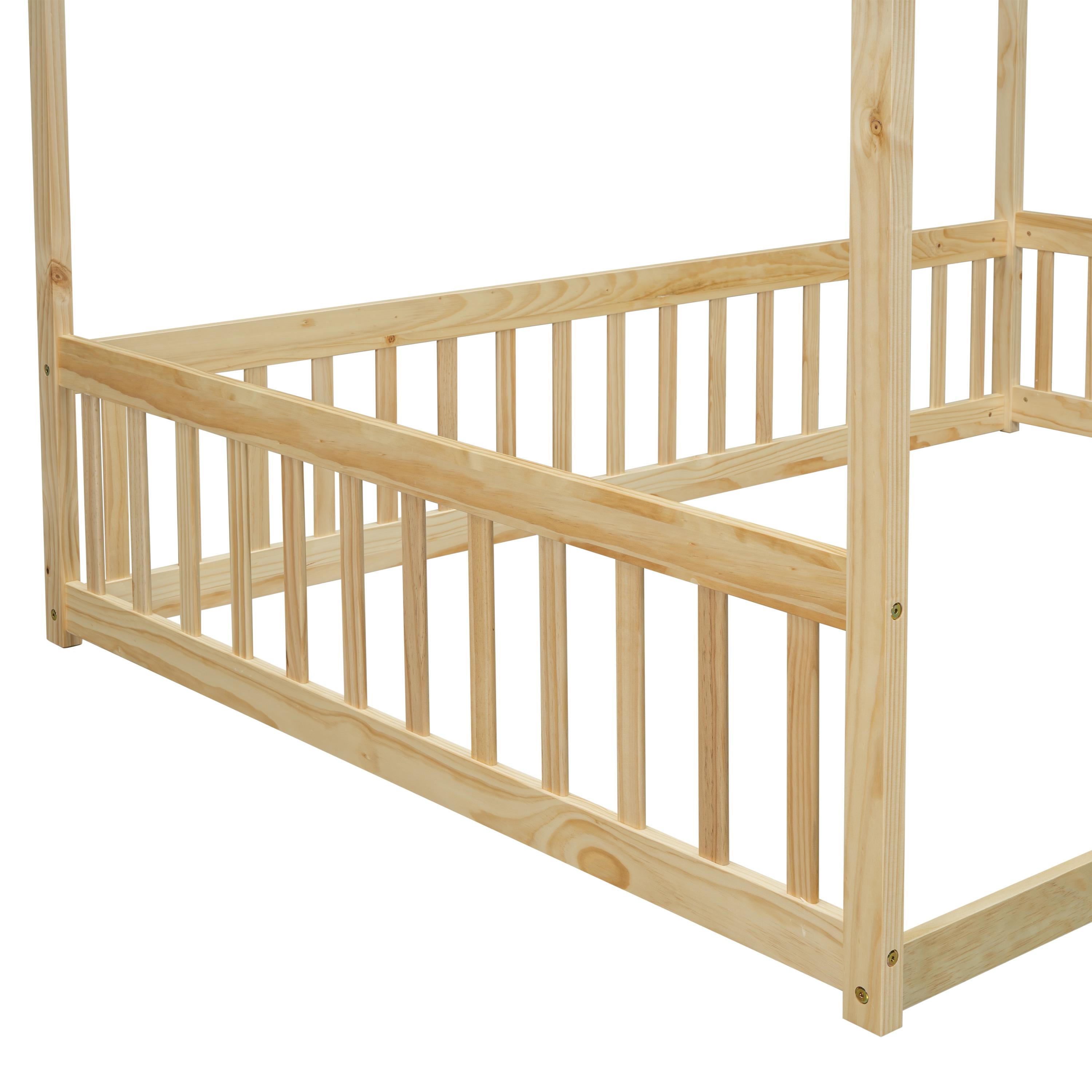 Canopy Frame Twin Size Floor Bed for Kids Bedroom,Wood Bed Frame with Fence for Boys/Girls/Teens,No Box Spring Needed,Natural