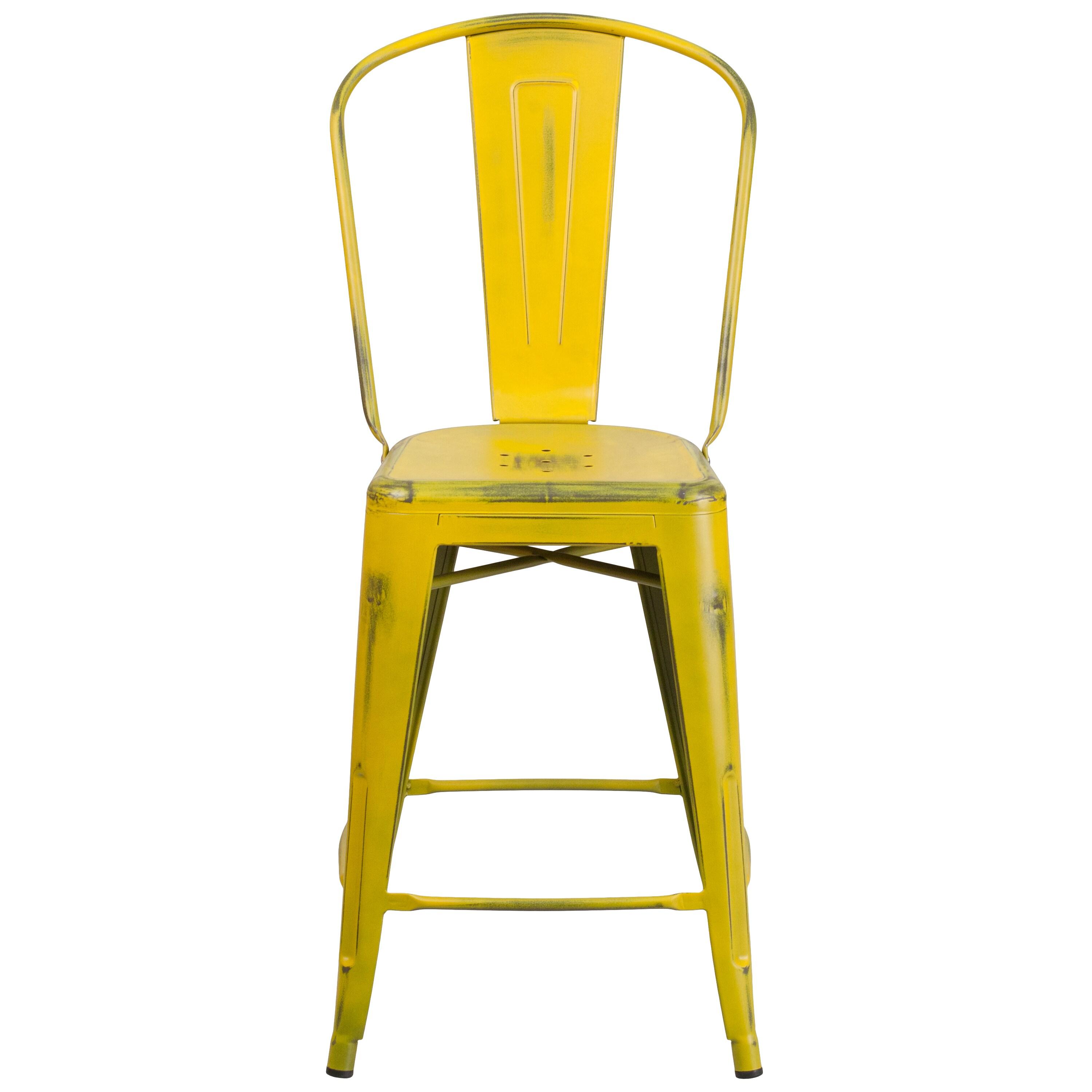 Flash Furniture Commercial Grade 24" High Distressed Yellow Metal Indoor-Outdoor Counter Height Stool with Back