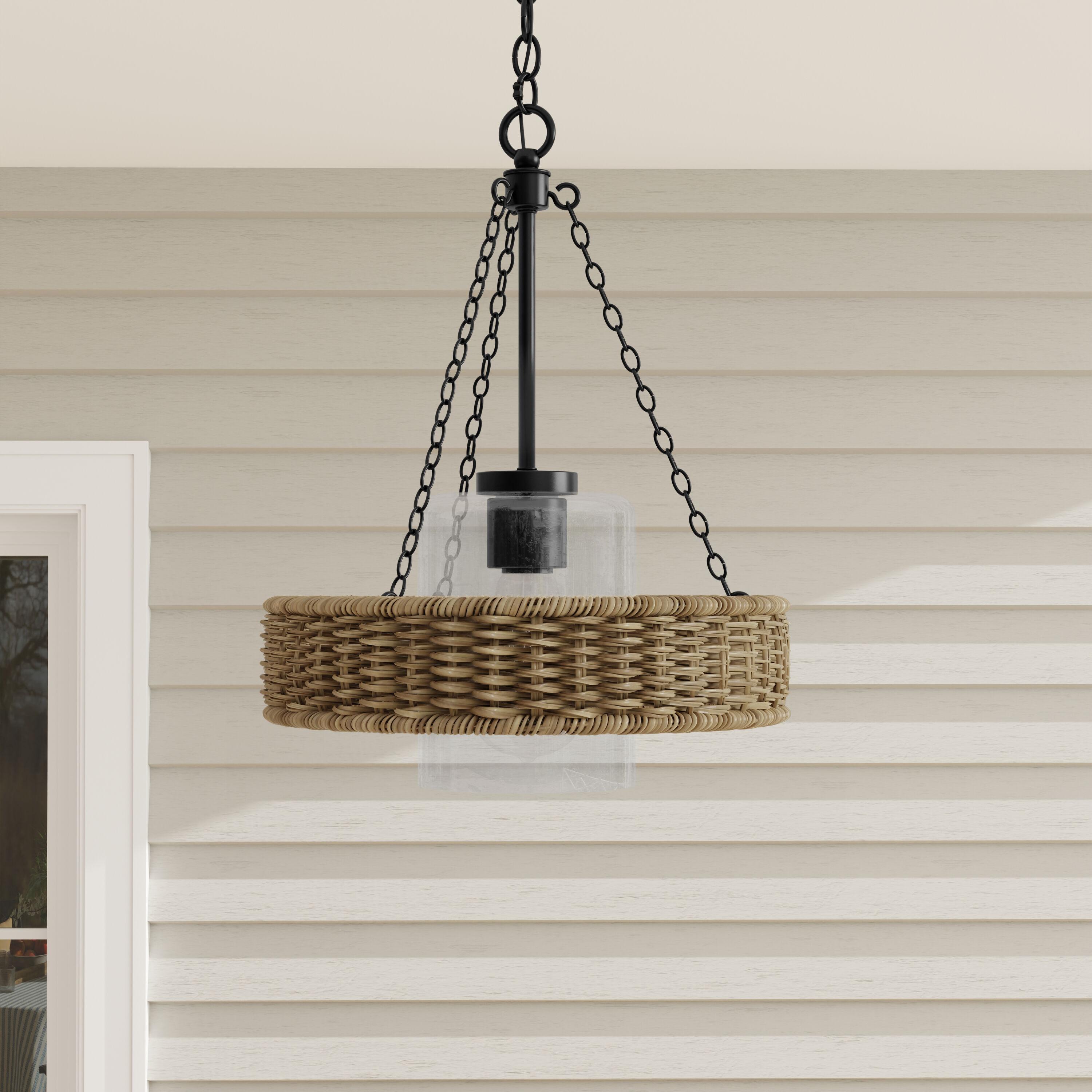 Progress Lighting Pembroke 1-Light Outdoor Wall Light, Matte Black, Rattan and Seeded Glass Shade