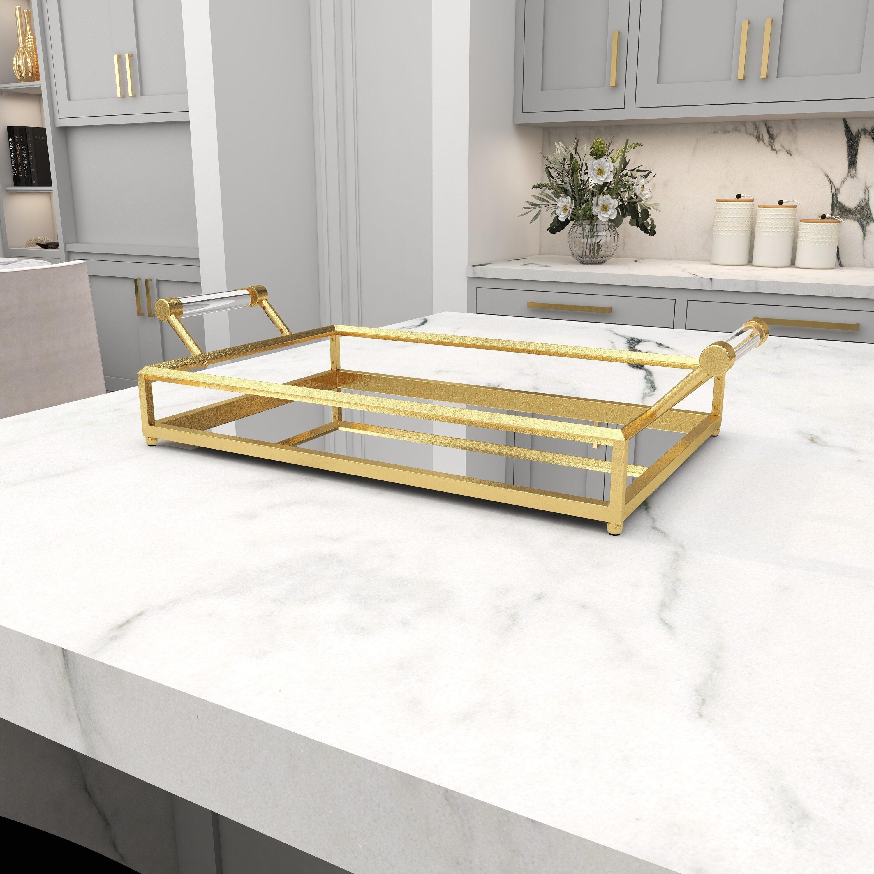 CosmoLiving by Cosmopolitan 22" x 12" Gold Metal Mirrored Tray with Acrylic Handles, 1-Piece