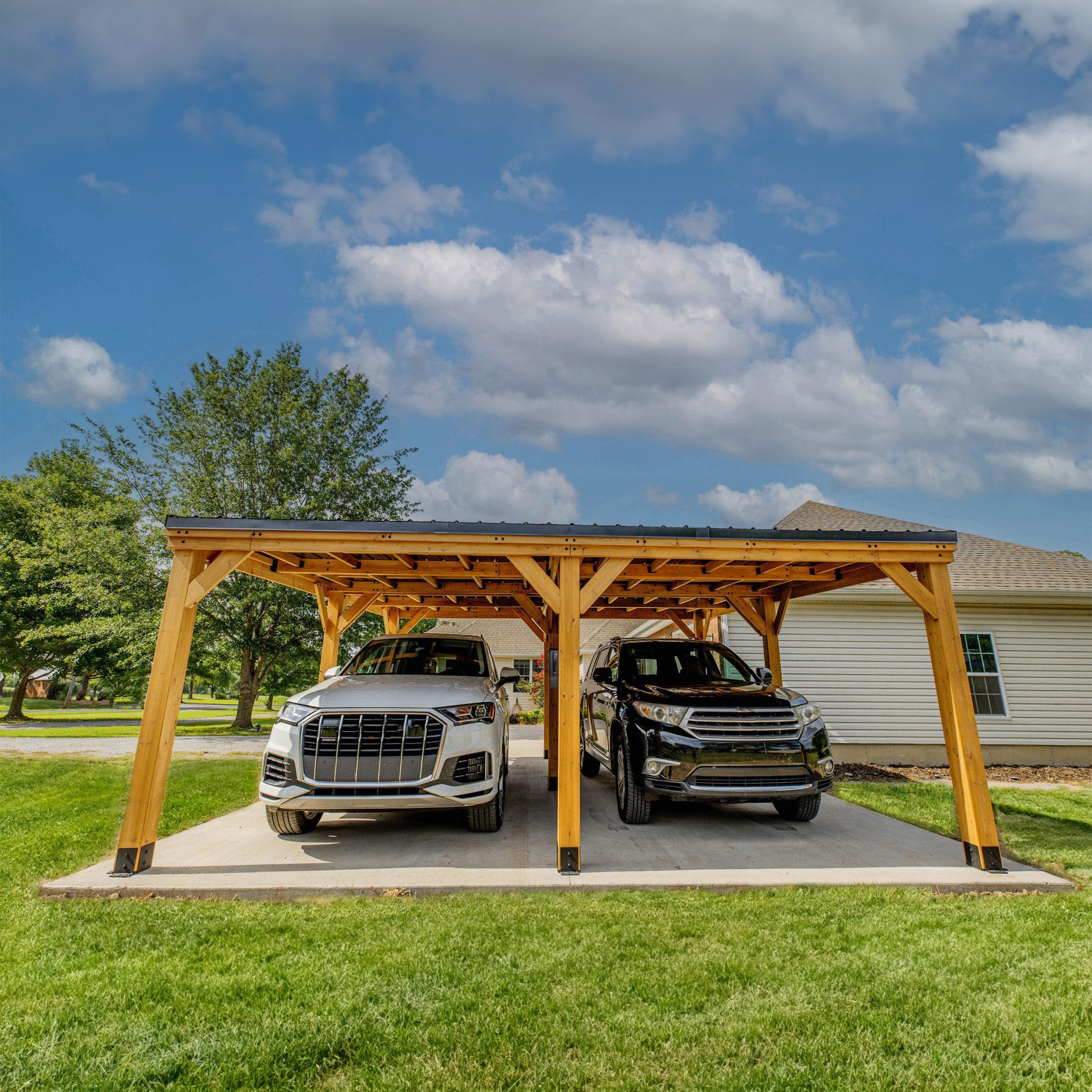 Backyard Discovery Kingsport 20'x 20' Cedar Wood Carport, Galvanized Steel Roof, PowerPort