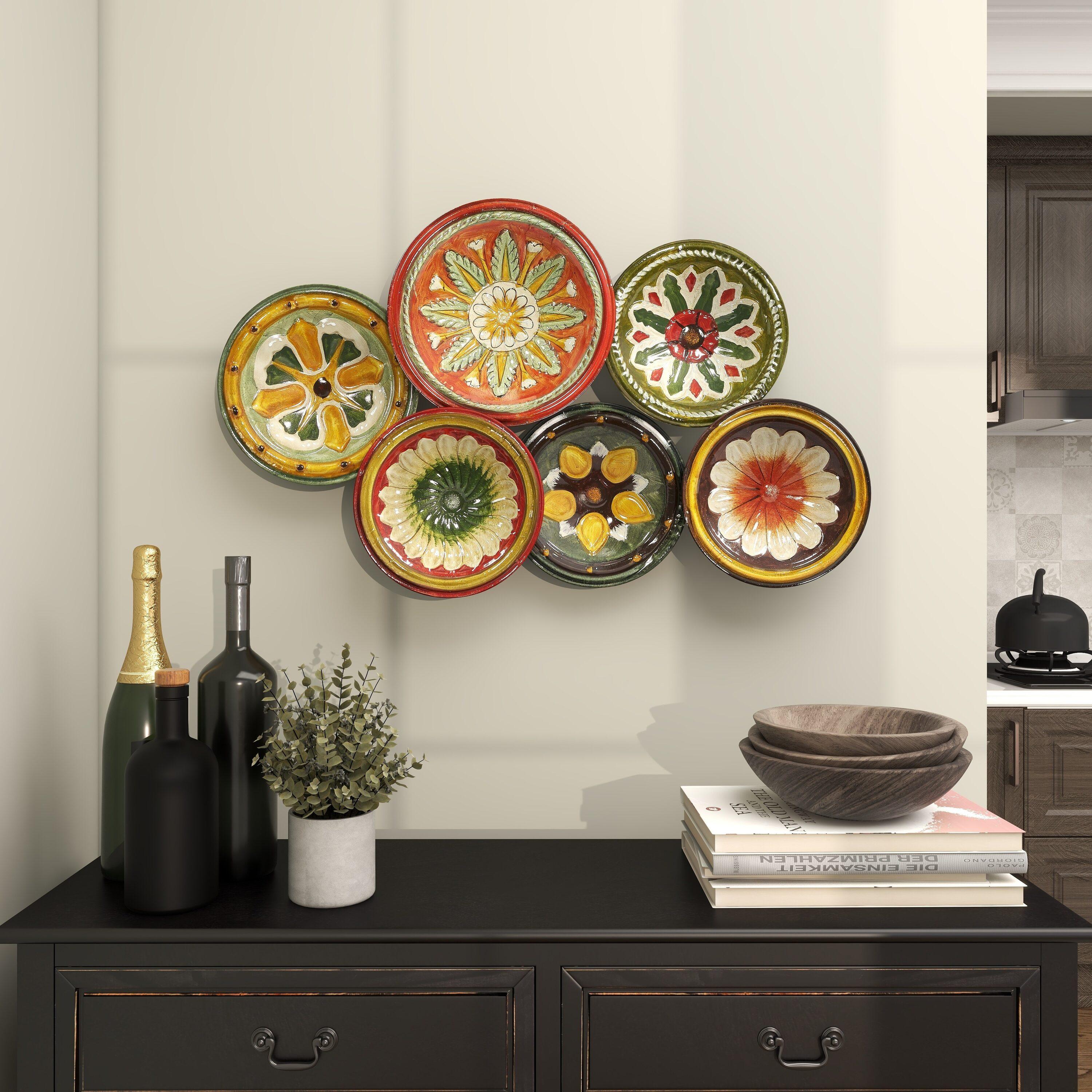 DecMode Rustic Metal Multi Colored Round Plates with Flower Petal Design Wall Decor, 31"W x 19"H