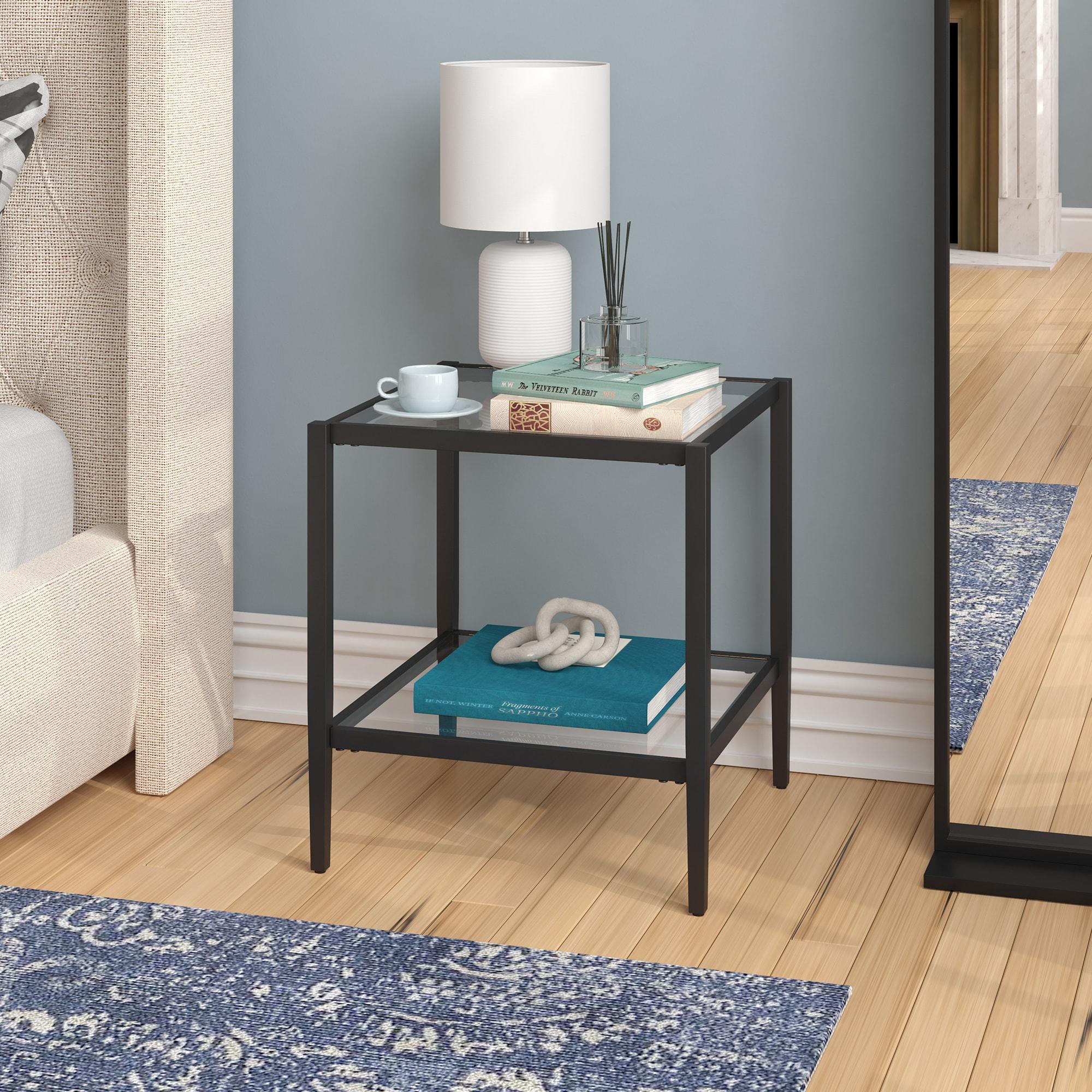 Evelyn&Zoe Hera 20" Wide Square Side Table with Glass Shelf, Blackened Bronze