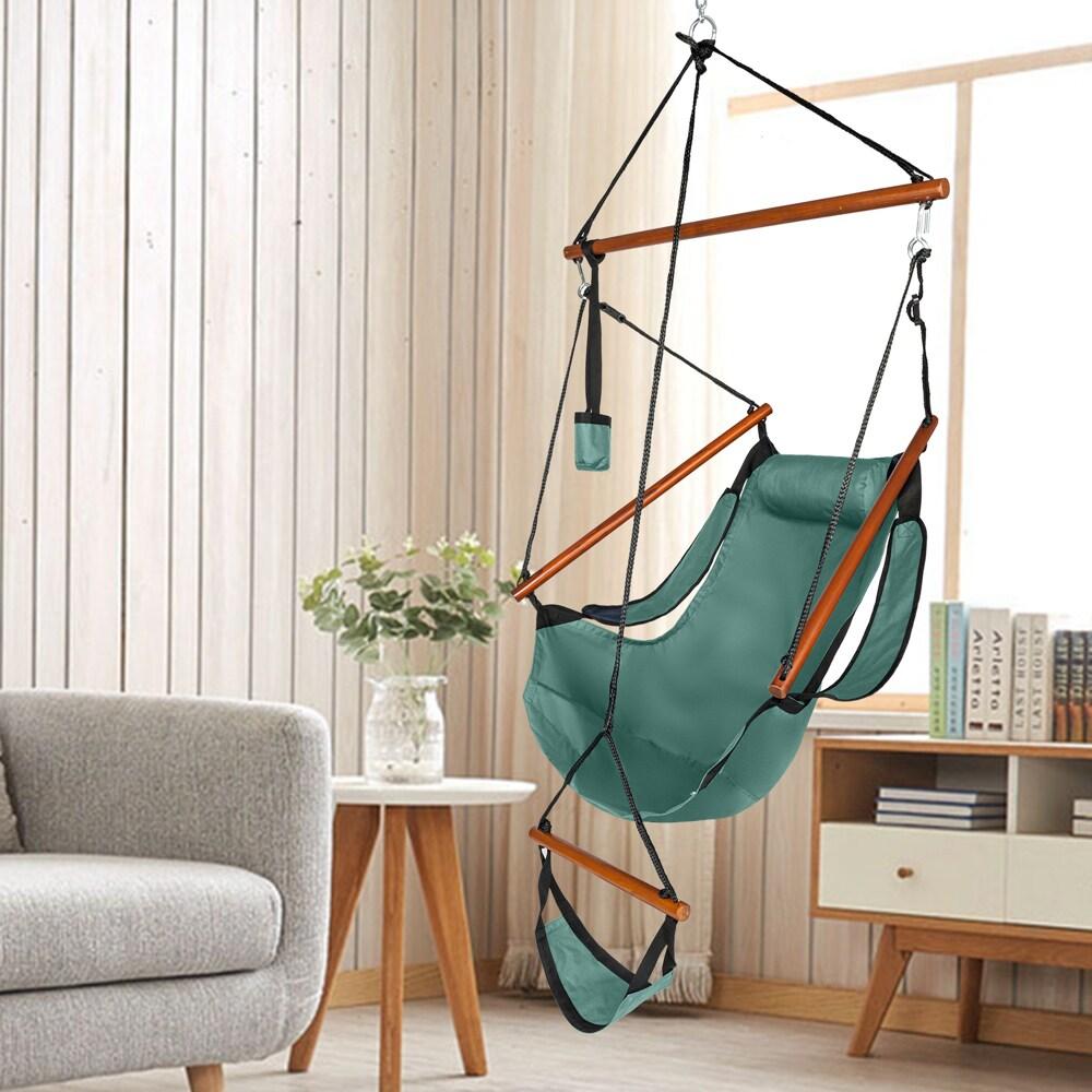 Tcbosik Hammock Hanging Chair, Oxford Cloth Air Swing Seat with Cup Holder and Hardwood Rod for Indoor/Outdoor Yard Garden Patio Balcony, Green