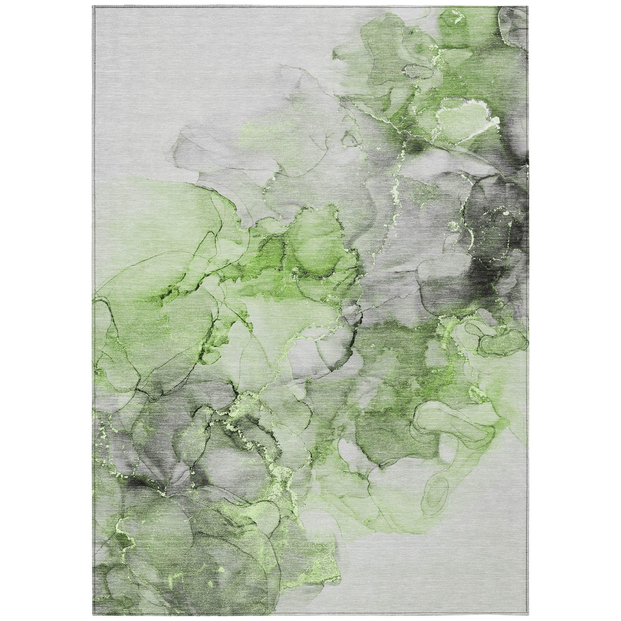 Green and Gray Watercolor Synthetic Washable Area Rug