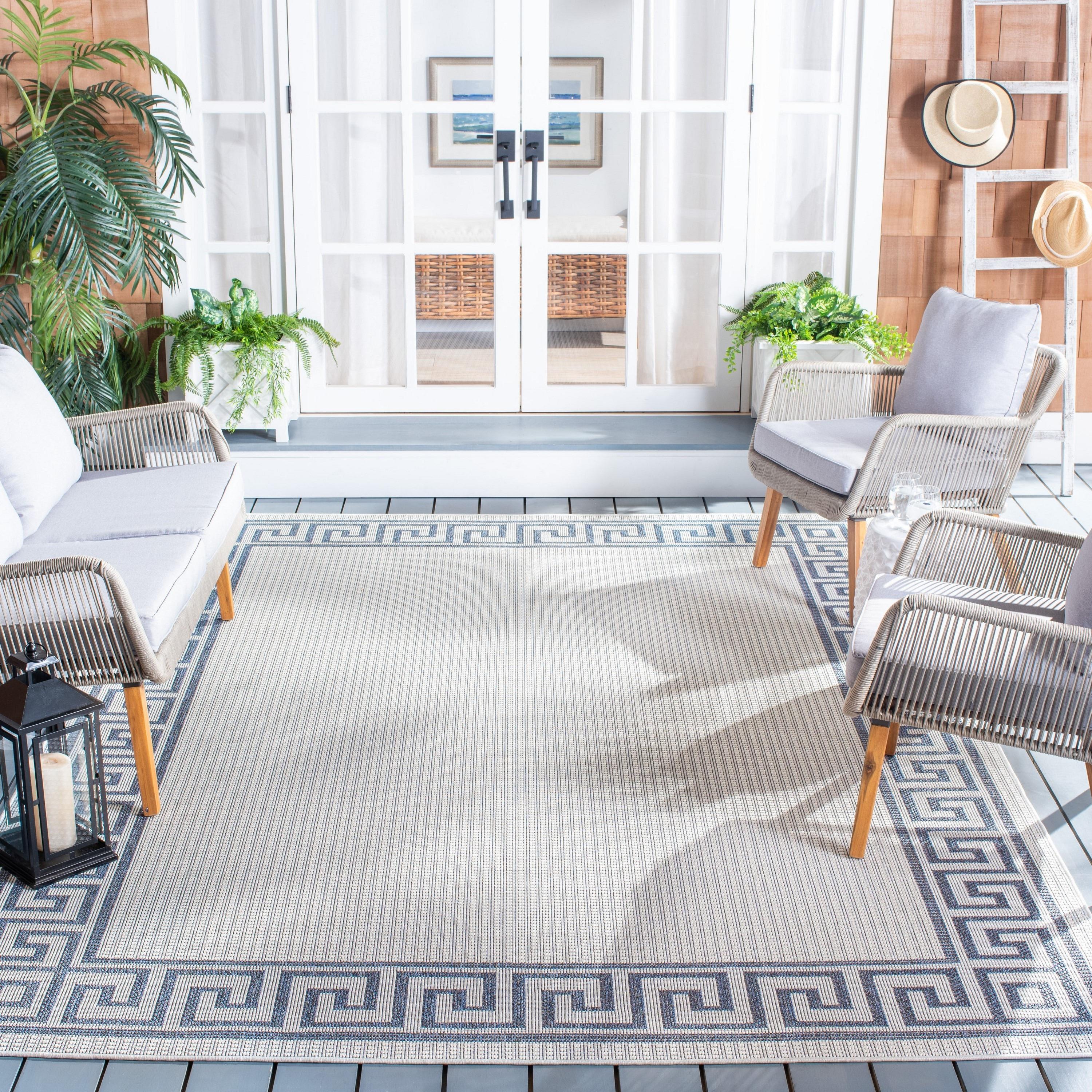 Ivory and Blue Geometric Reversible Synthetic Area Rug, 9' x 12'