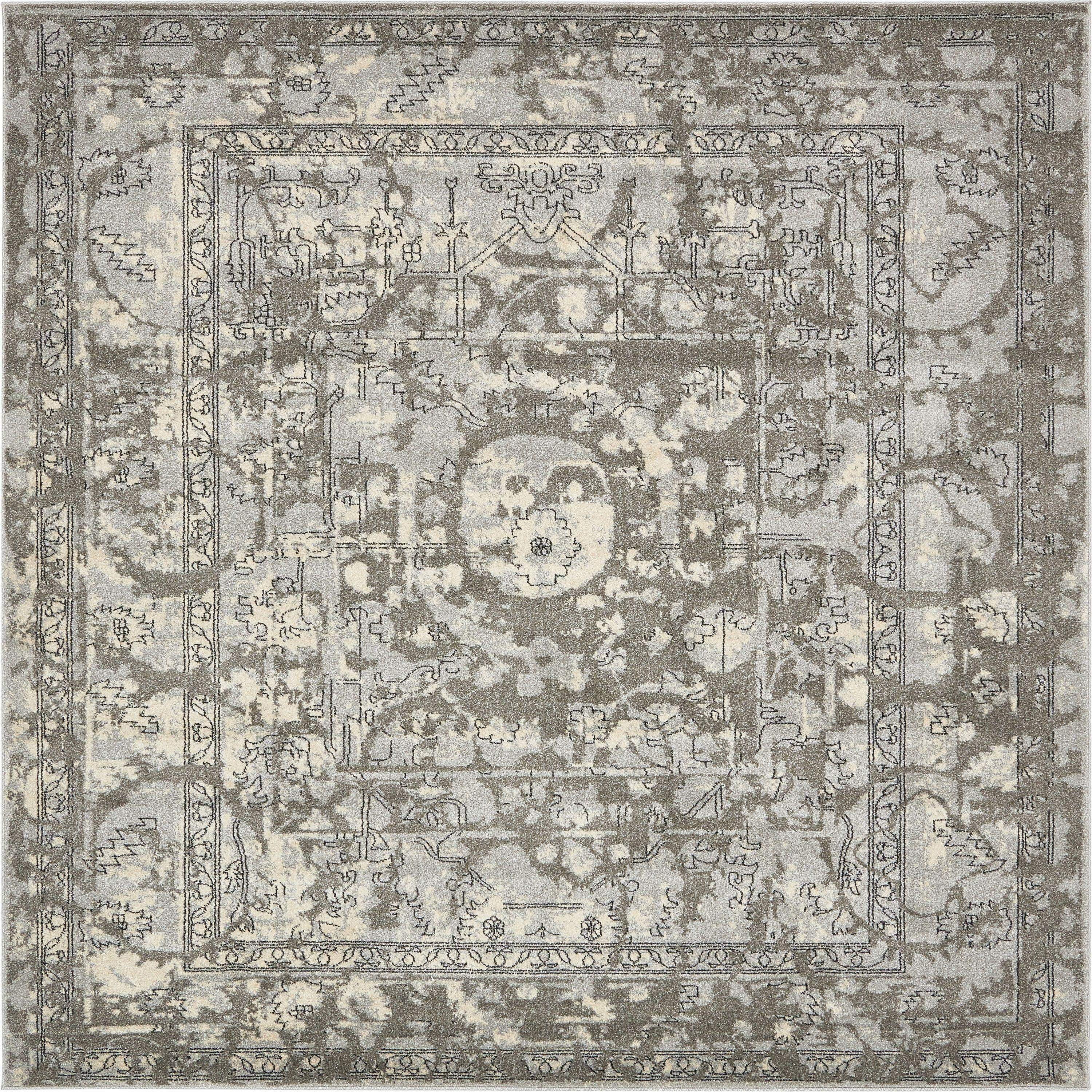 Unique Loom Vintage La Jolla 8 x 8 (ft) Loomed Polypropylene Gray/Silver Square Indoor Border Vintage Area rug