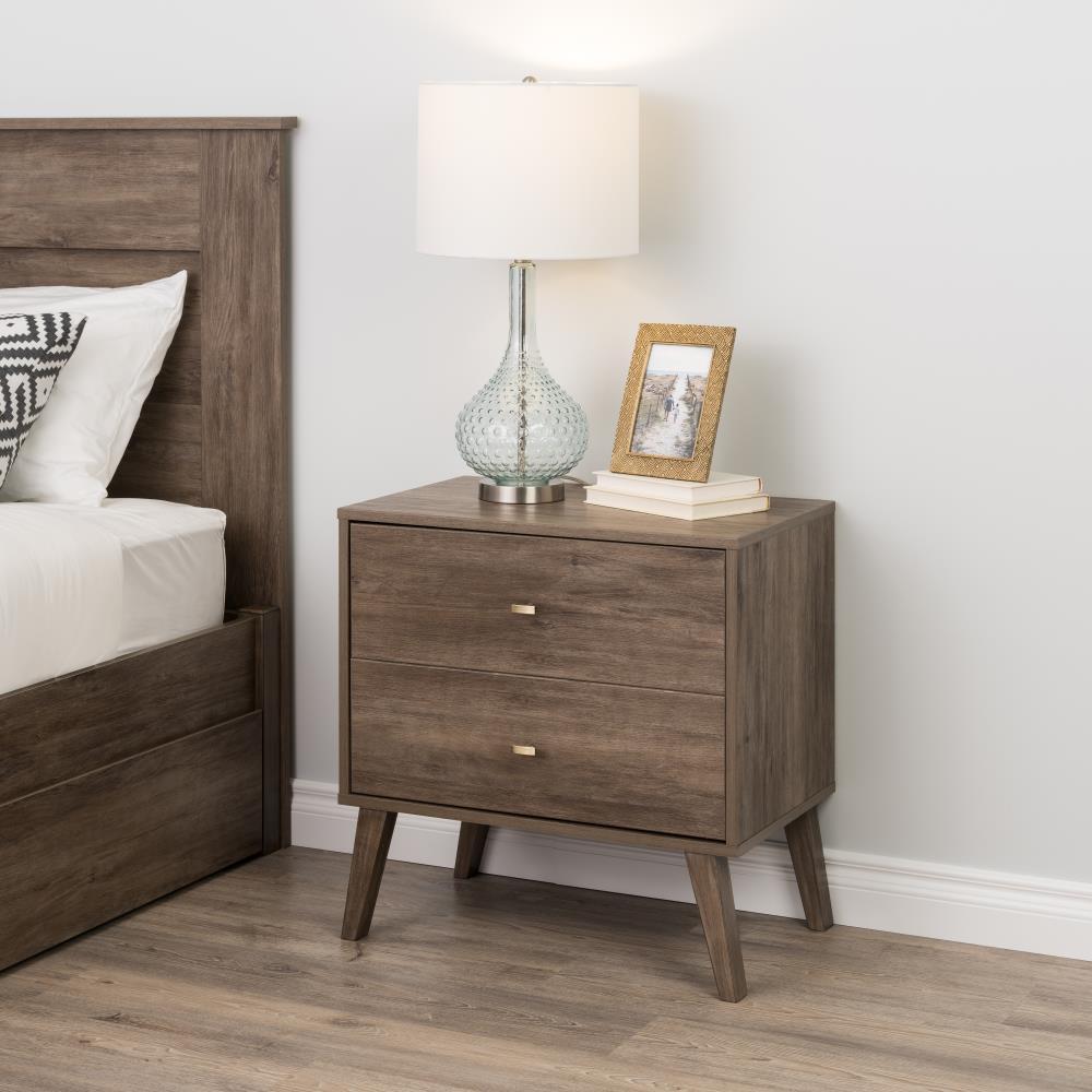 Prepac Mid Century Modern 2 Drawer Wide Nightstand Drifted Gray : Rubberwood Construction, Rectangle Shape, 25" Height