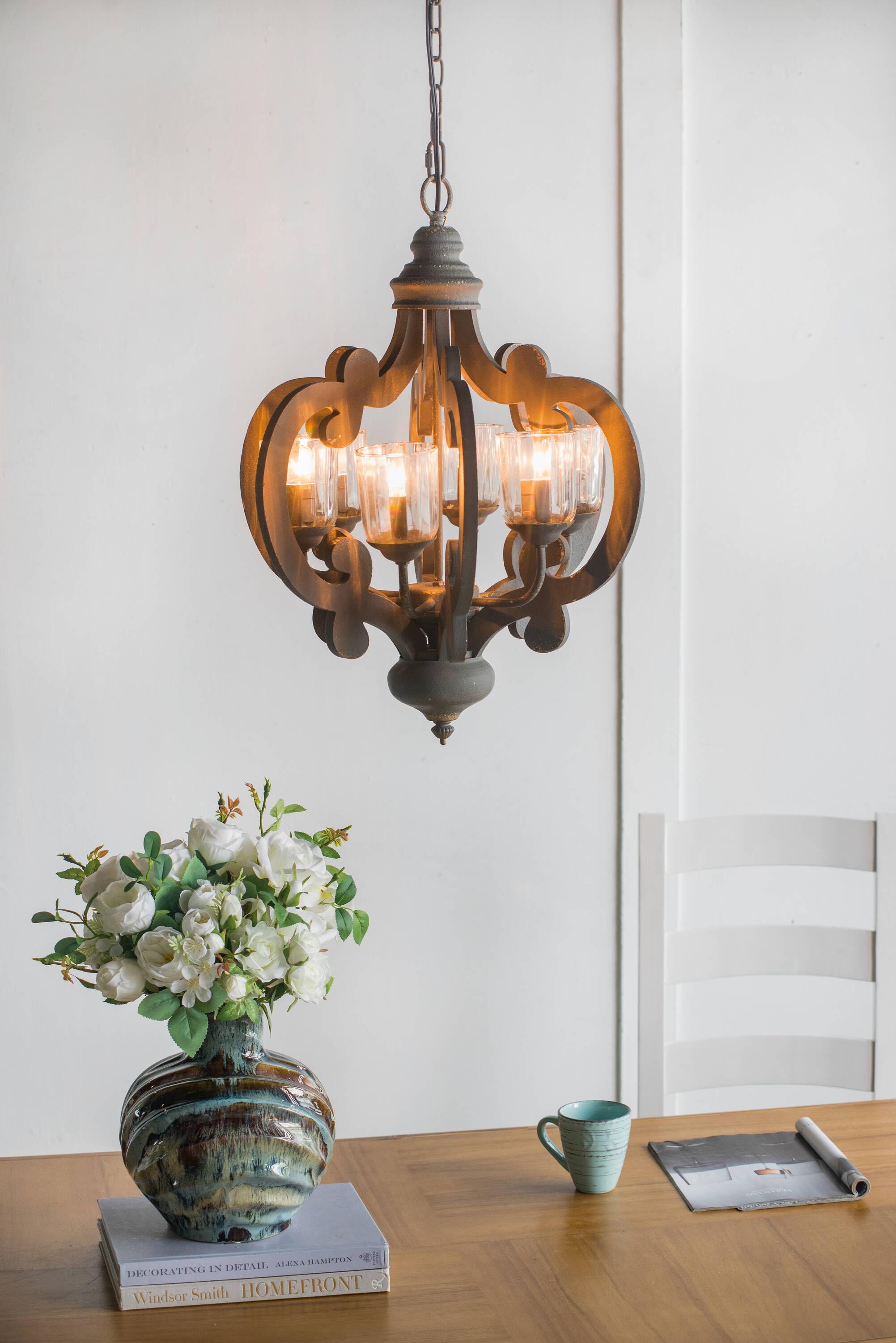 21"x24" 6-Light Wood Chandelier Ceiling Light Gray - A&B Home: No Assembly, UL Listed, Adjustable Height
