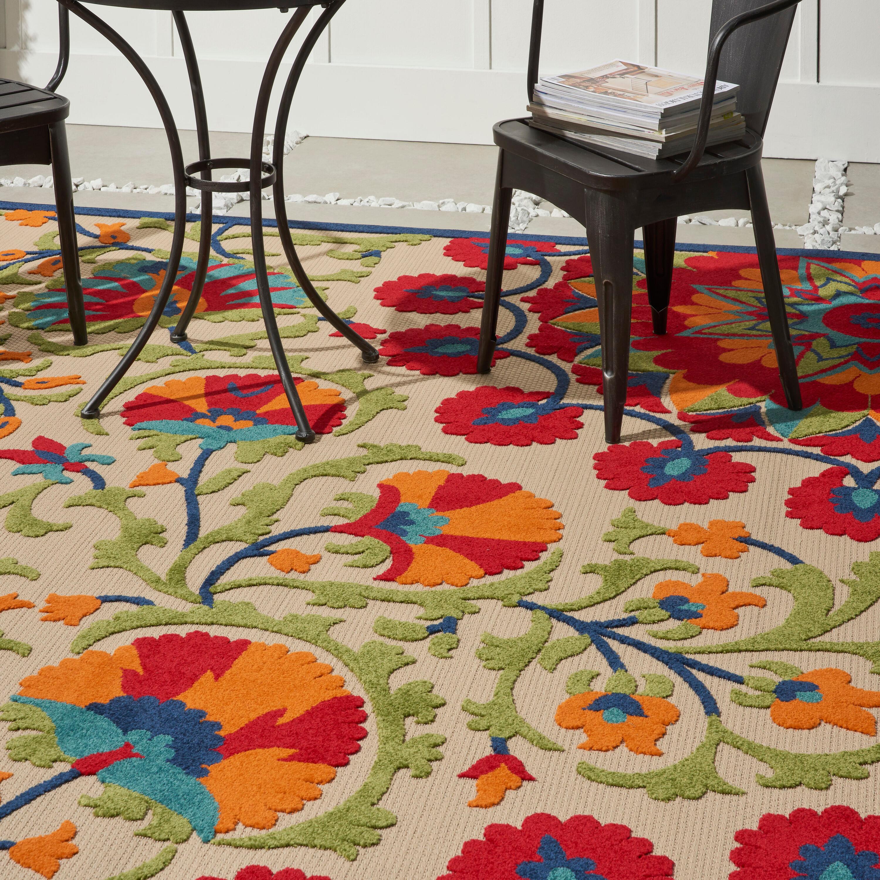 Nourison Aloha Floral Easy Care Flatweave High-Low Indoor Outdoor Area Rug Red/Multi 7' x 10'