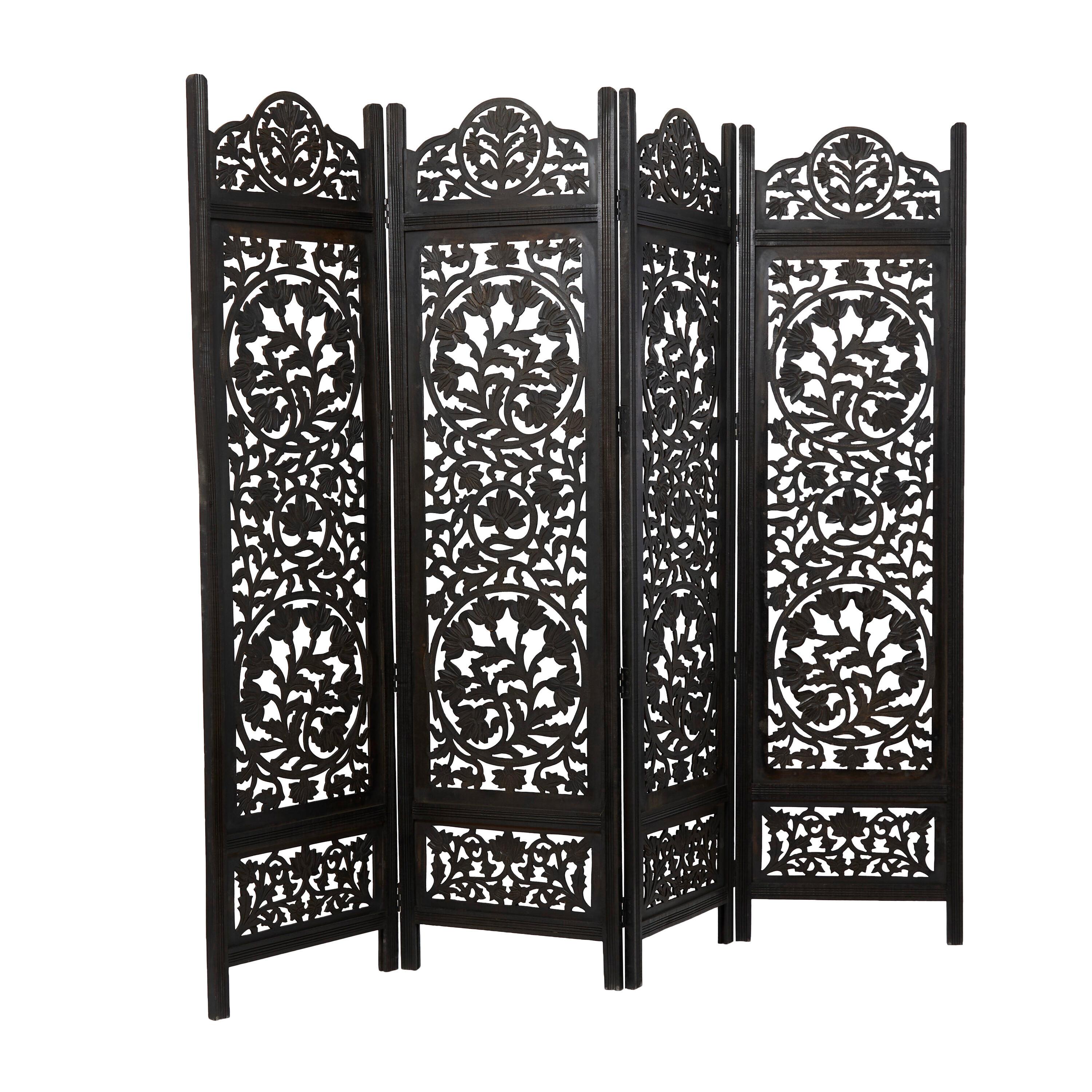 DecMode 80" x 72" Black Wood Floral Handmade Hinged Foldable Partition 4 Panel Room Divider Screen with Intricately Carved Designs, 1-Piece