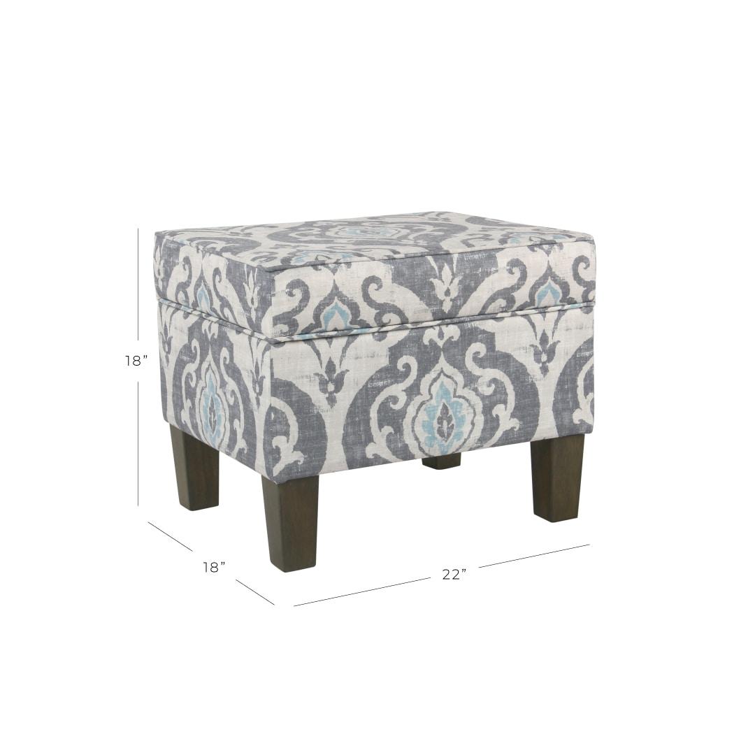 Medium Storage Ottoman Gray/Blue - HomePop: Upholstered Rectangular Footstool with Damask Pattern, Plywood & Hardwood Frame