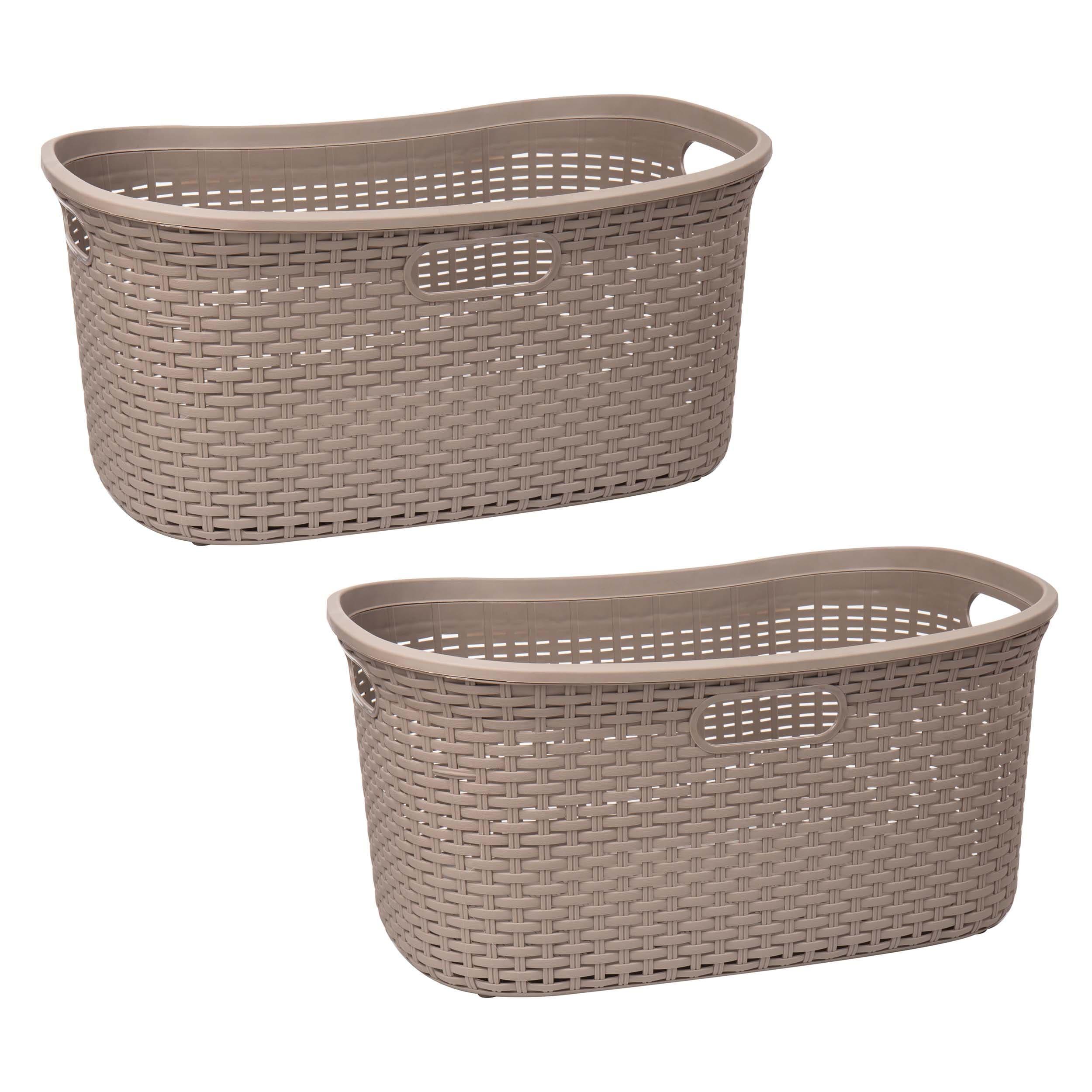 Mind Reader 40L Laundry Basket, Clothes Hamper, Lid, Wicker Design, Plastic, 23"L x 14.5"W x 11"H, Set of 2, Tan