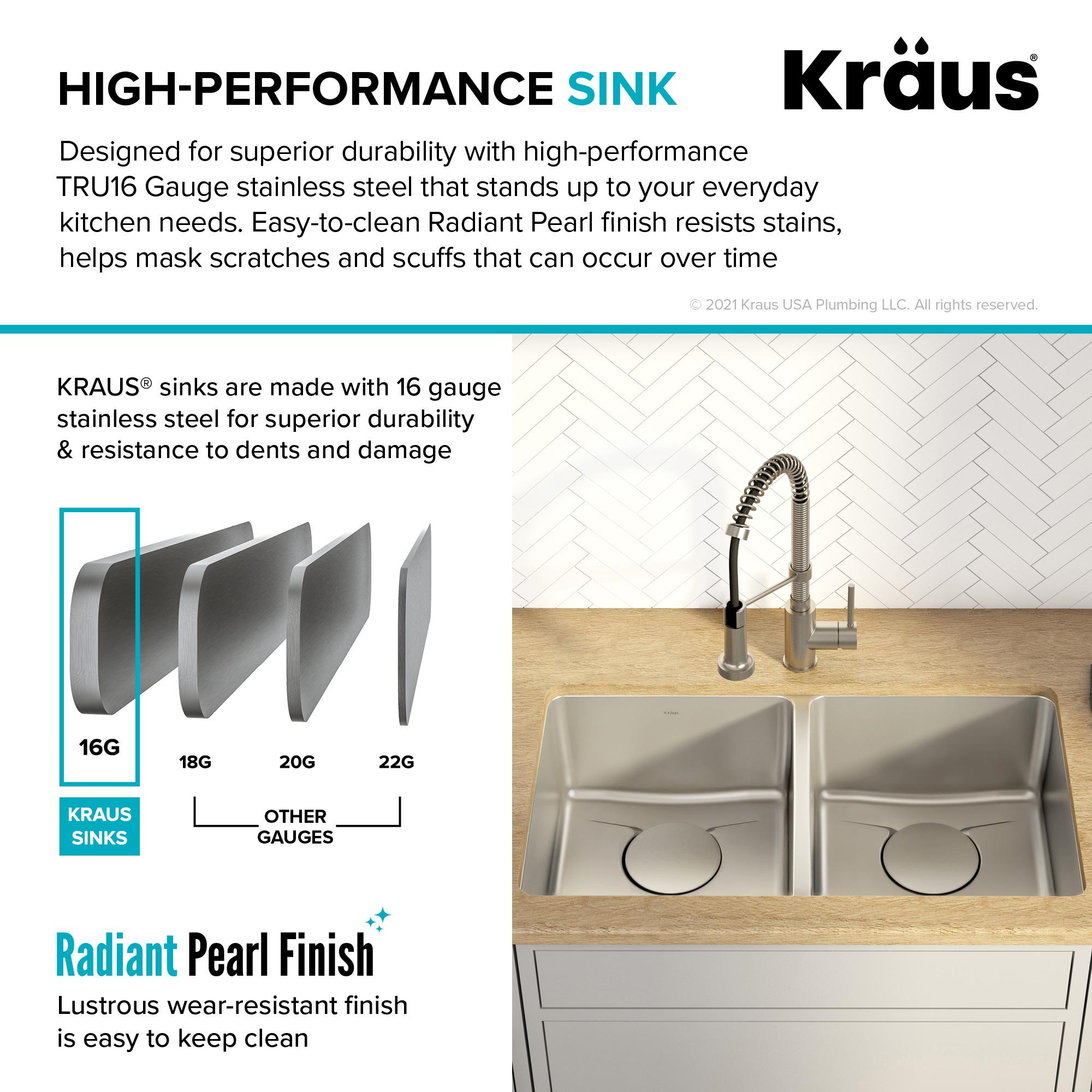 Dex™️ Series KRAUS 33-inch L Undermount 50/50 Double Bowl TRU16 Gauge Stainless Steel Kitchen Sink with DrainAssure WaterWay