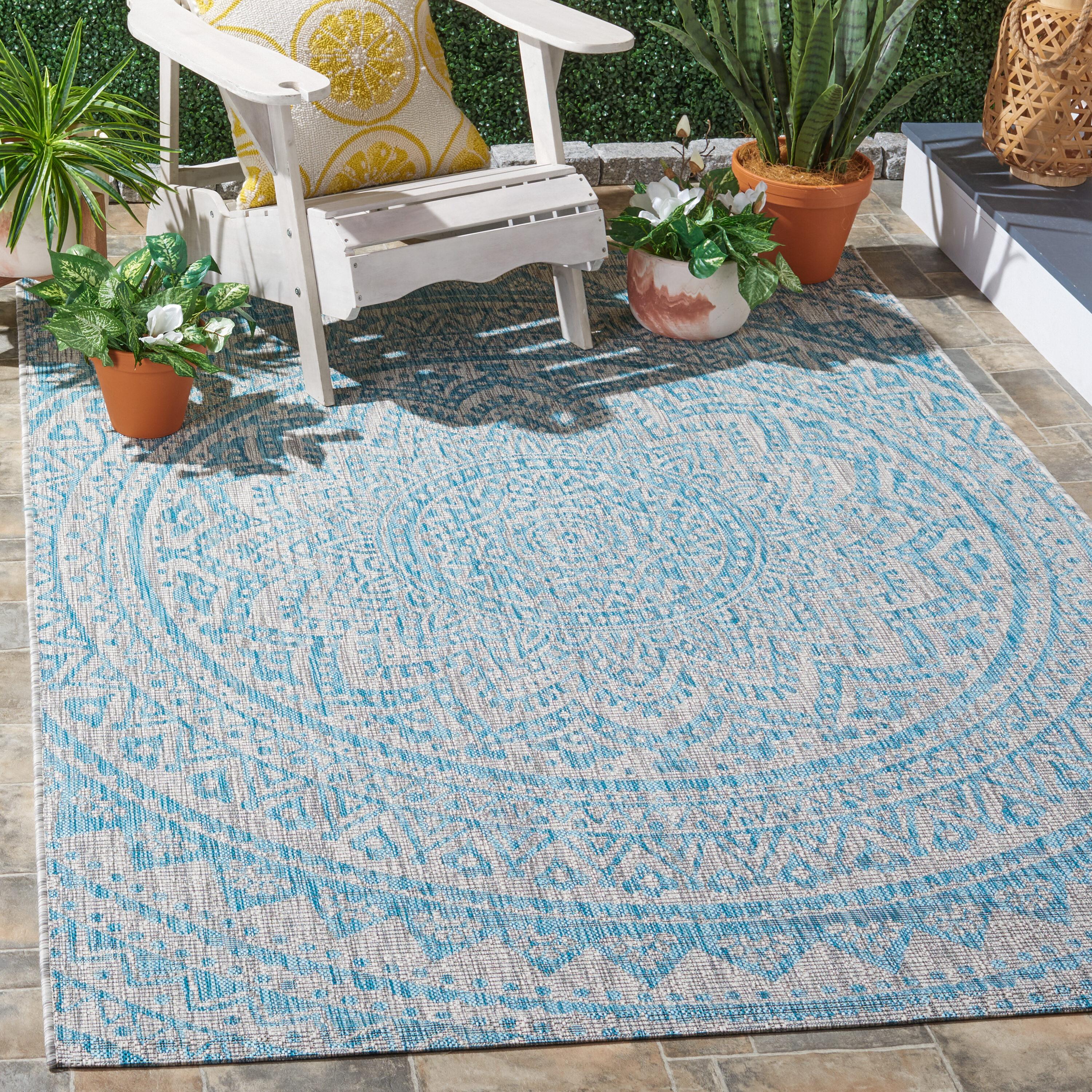 Courtyard CY8734 Power Loomed Indoor and Outdoor Area Rug - Light Grey/Aqua - 5'3"x7'7" - Safavieh