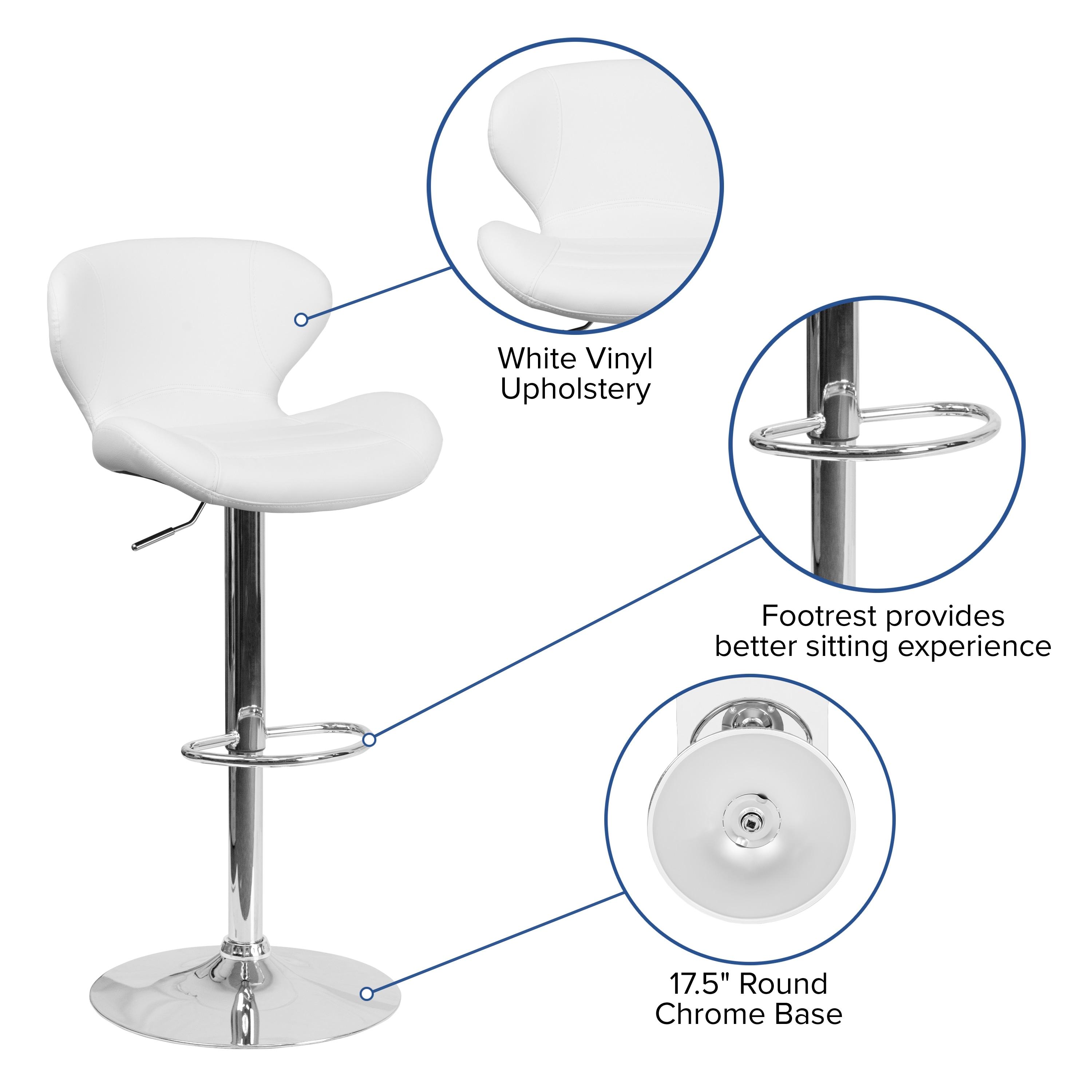 Flash Furniture Contemporary White Vinyl Adjustable Height Barstool with Curved Back and Chrome Base
