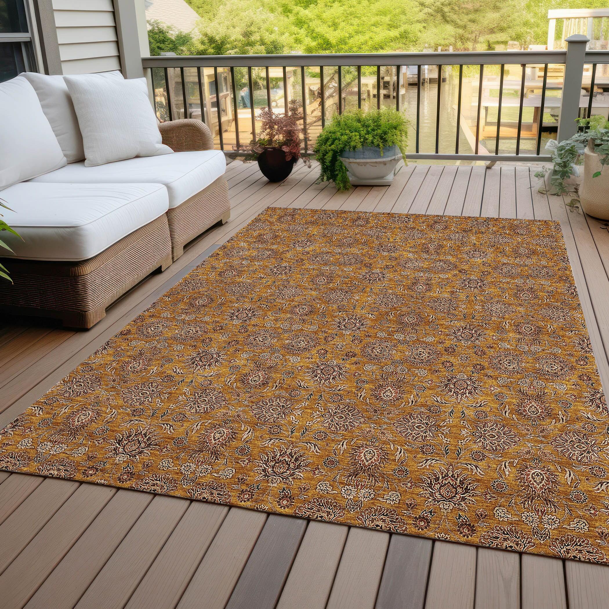 Copper Floral Pattern Machine Washable Indoor Outdoor Rug