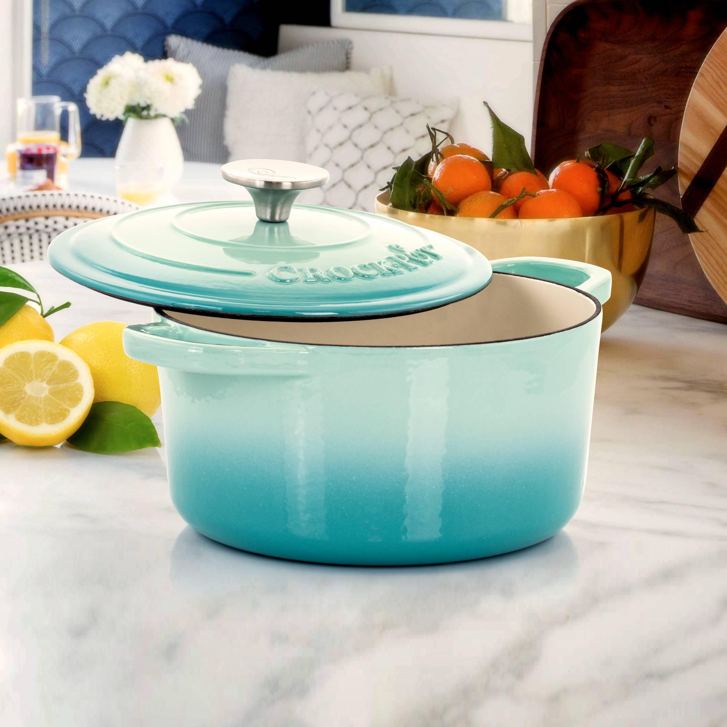 Crock-Pot 3 Quart Round Enamel Cast Iron Covered Dutch Oven Cooker, Aqua Blue