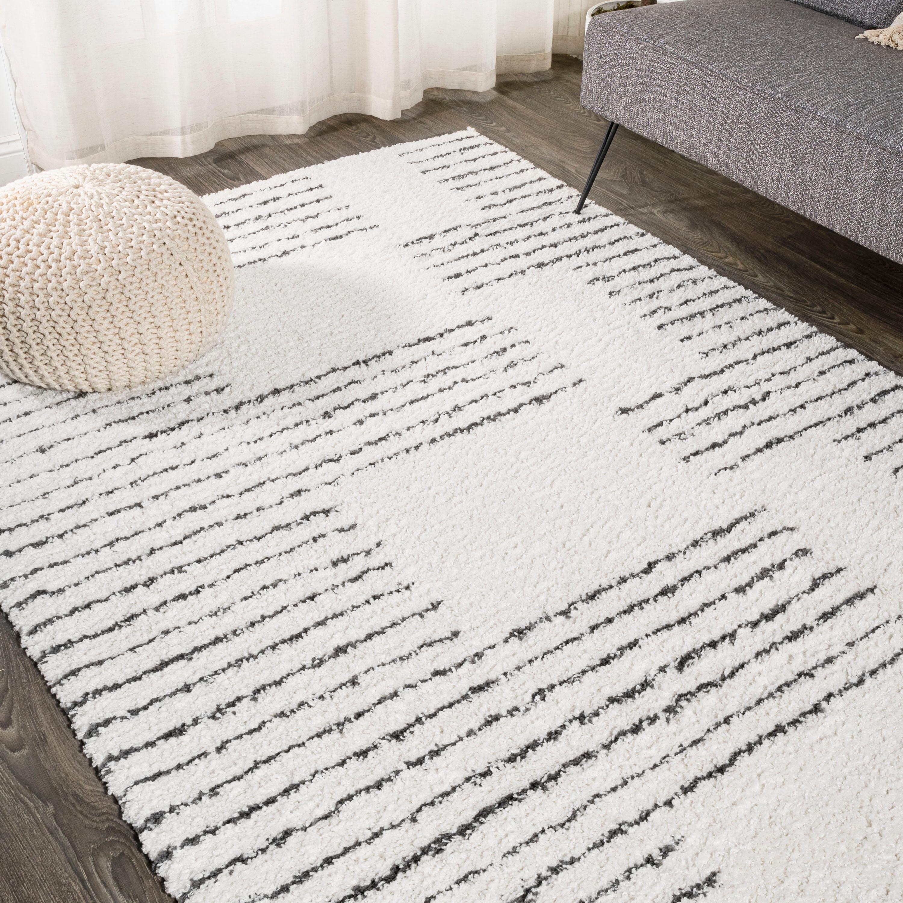 3'x5' Petra Abstract Stripe Geometric Shag Area Rug, White - JONATHAN Y