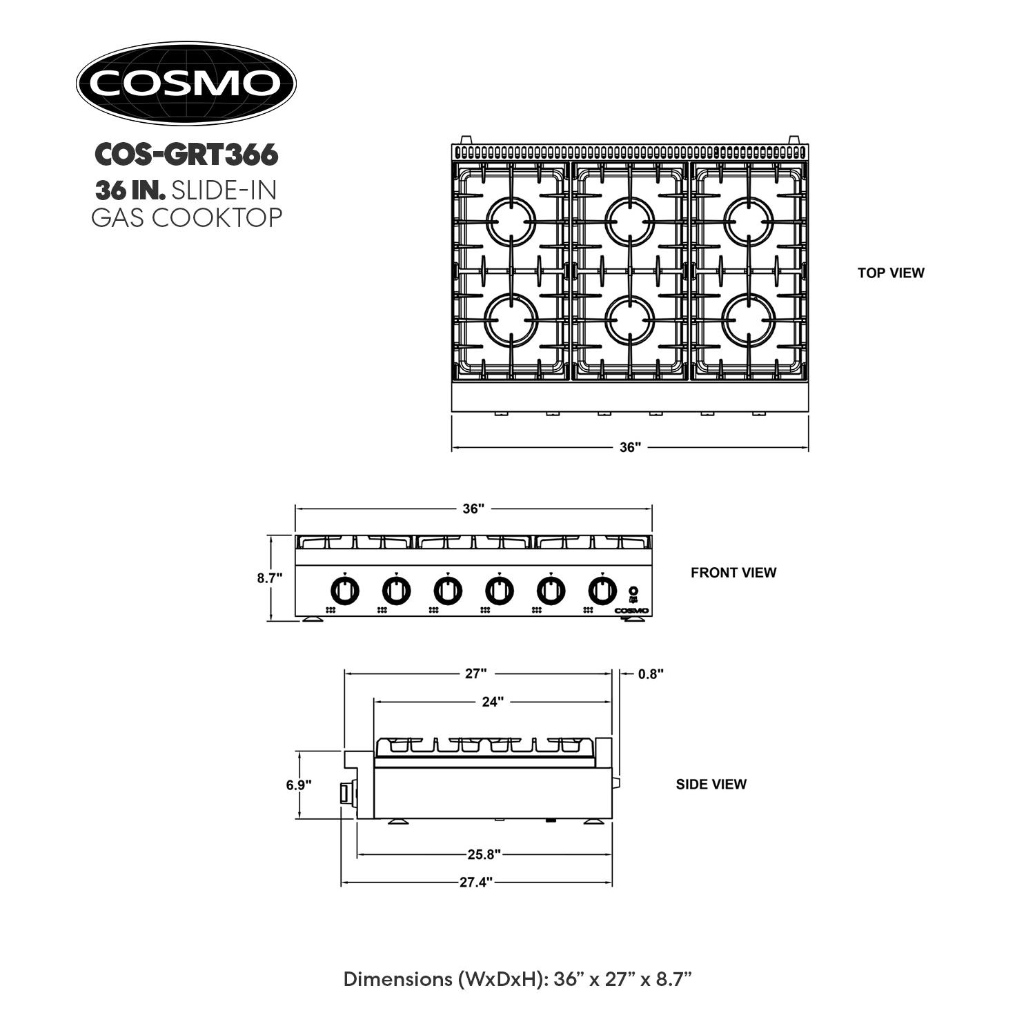 36-Inch Stainless Steel Gas Cooktop with 6 Burners