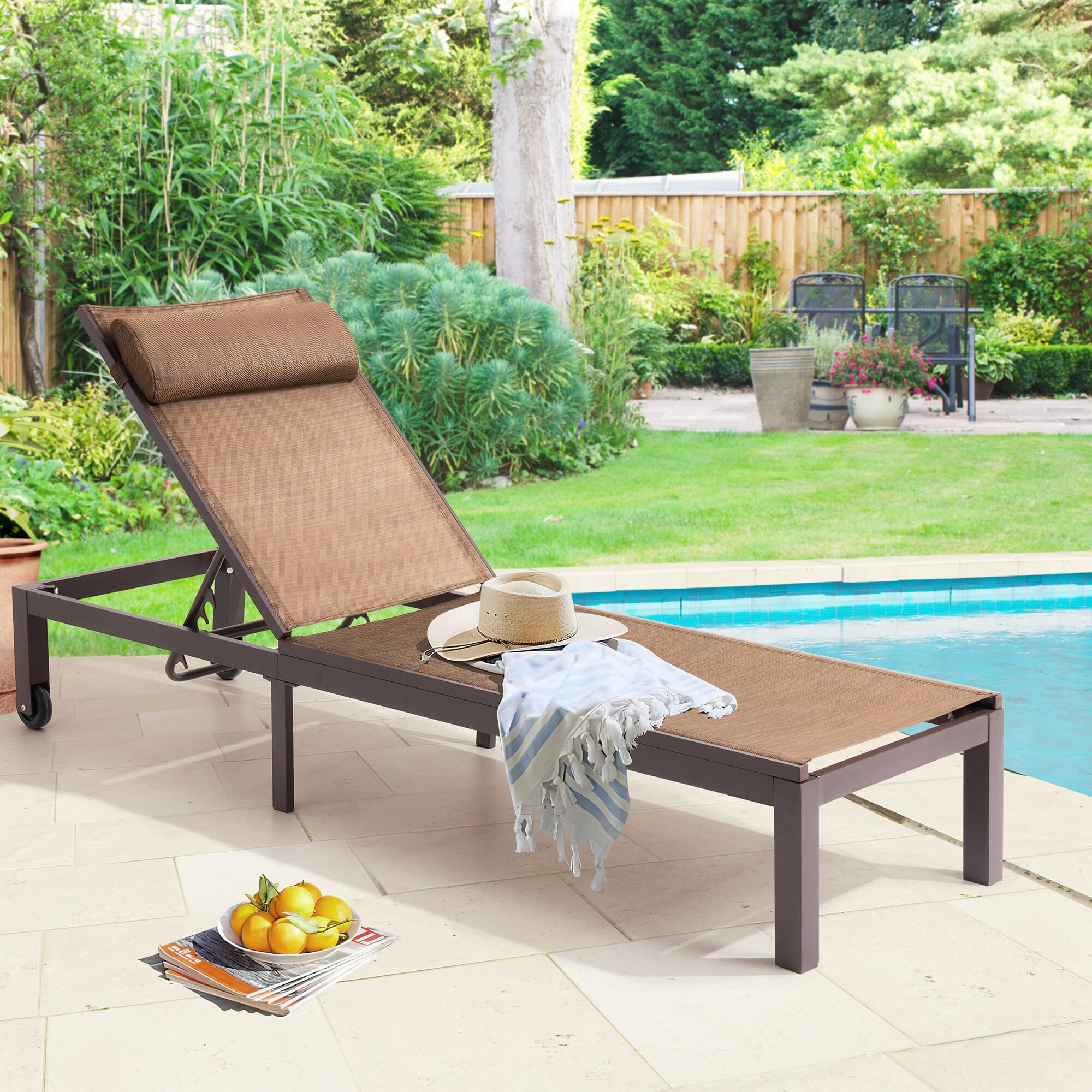 Outdoor Six Position Adjustable Chaise Lounge Chair Brown - Crestlive Products: All-Weather Aluminum Patio Lounger