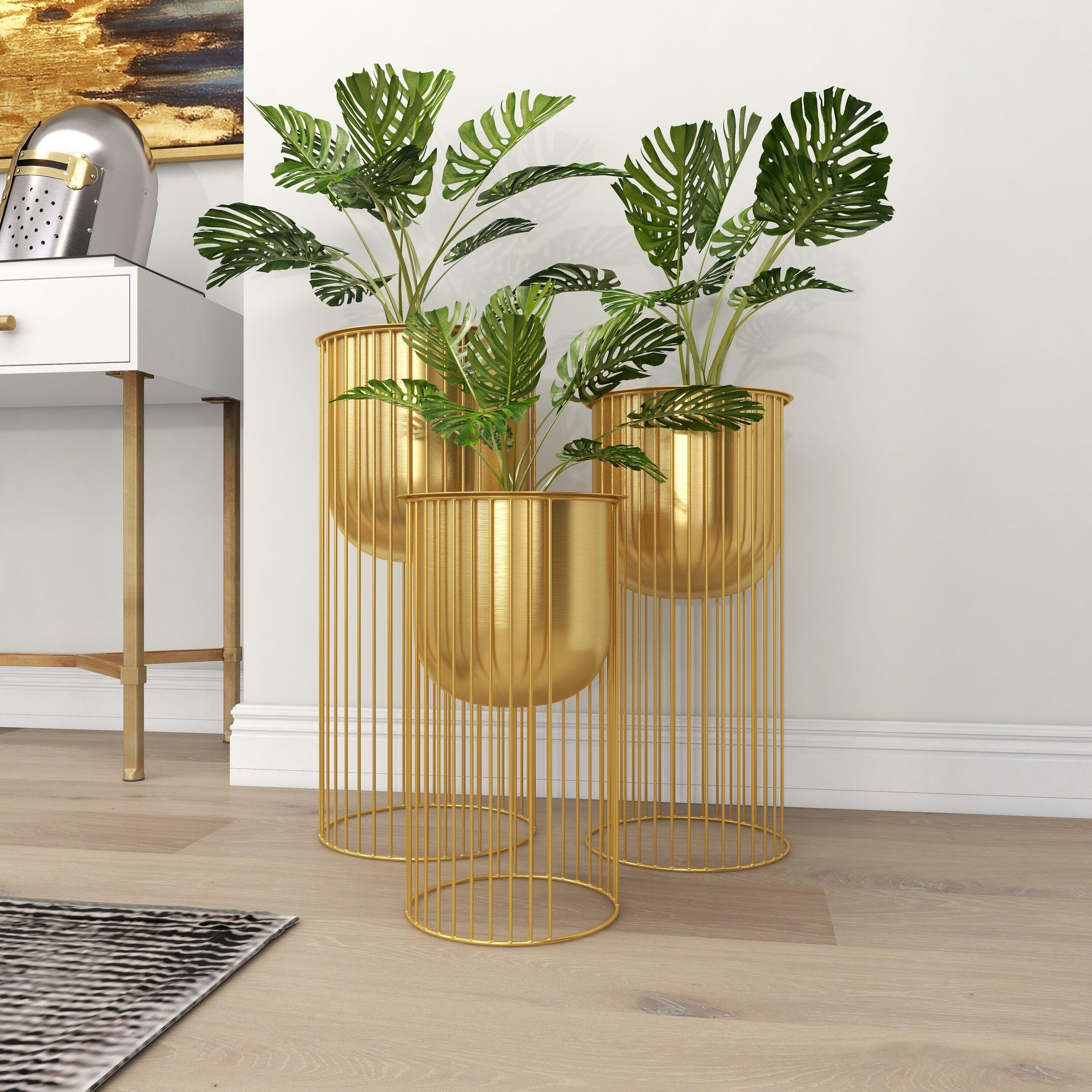 DecMode 24", 20", 16"H Deep Recessed Dome Gold Metal Planter with Elevated Caged Stand (3 Count)