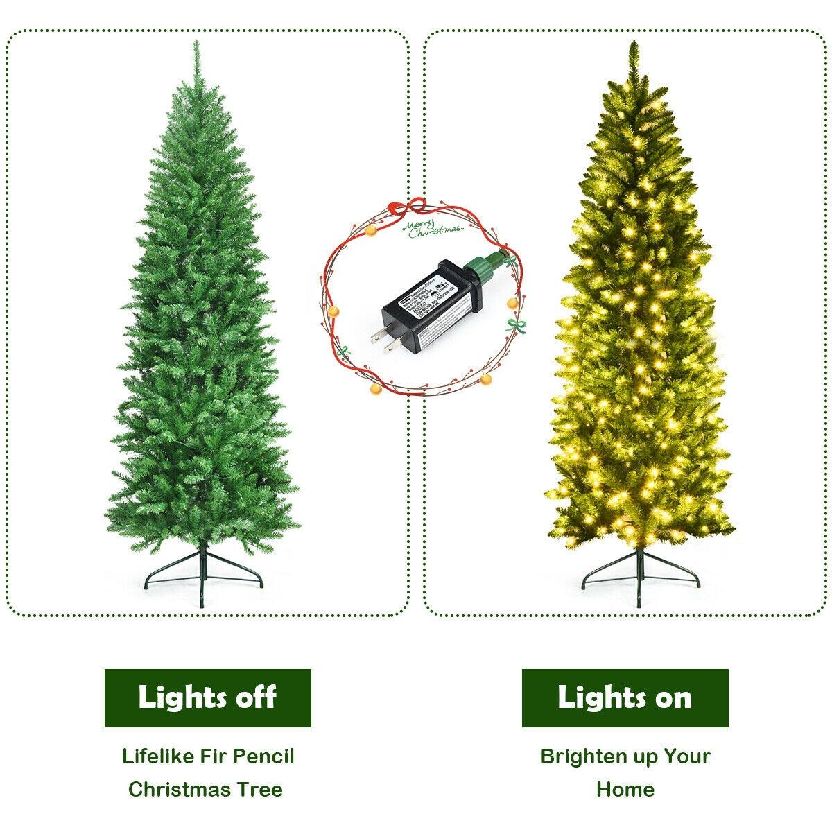 Costway 7Ft Pre-lit Artificial Pencil Christmas Tree Hinged Fir PVC Tree with 350 LED Lights