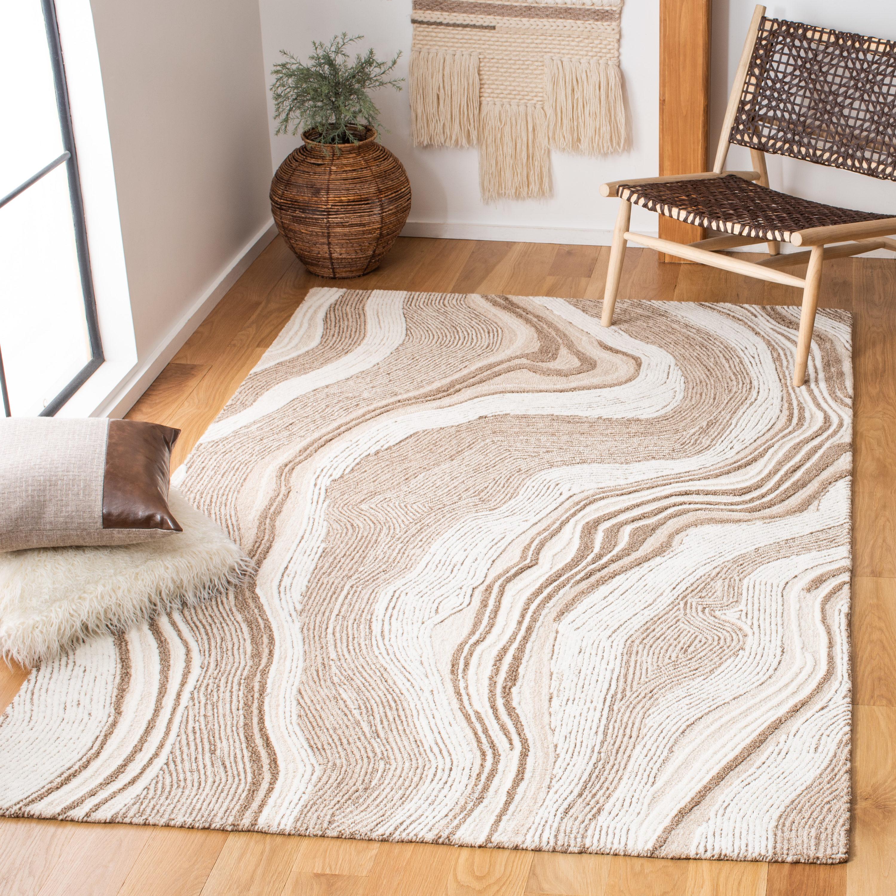 Ivory and Beige Abstract Handmade Wool and Silk Rug