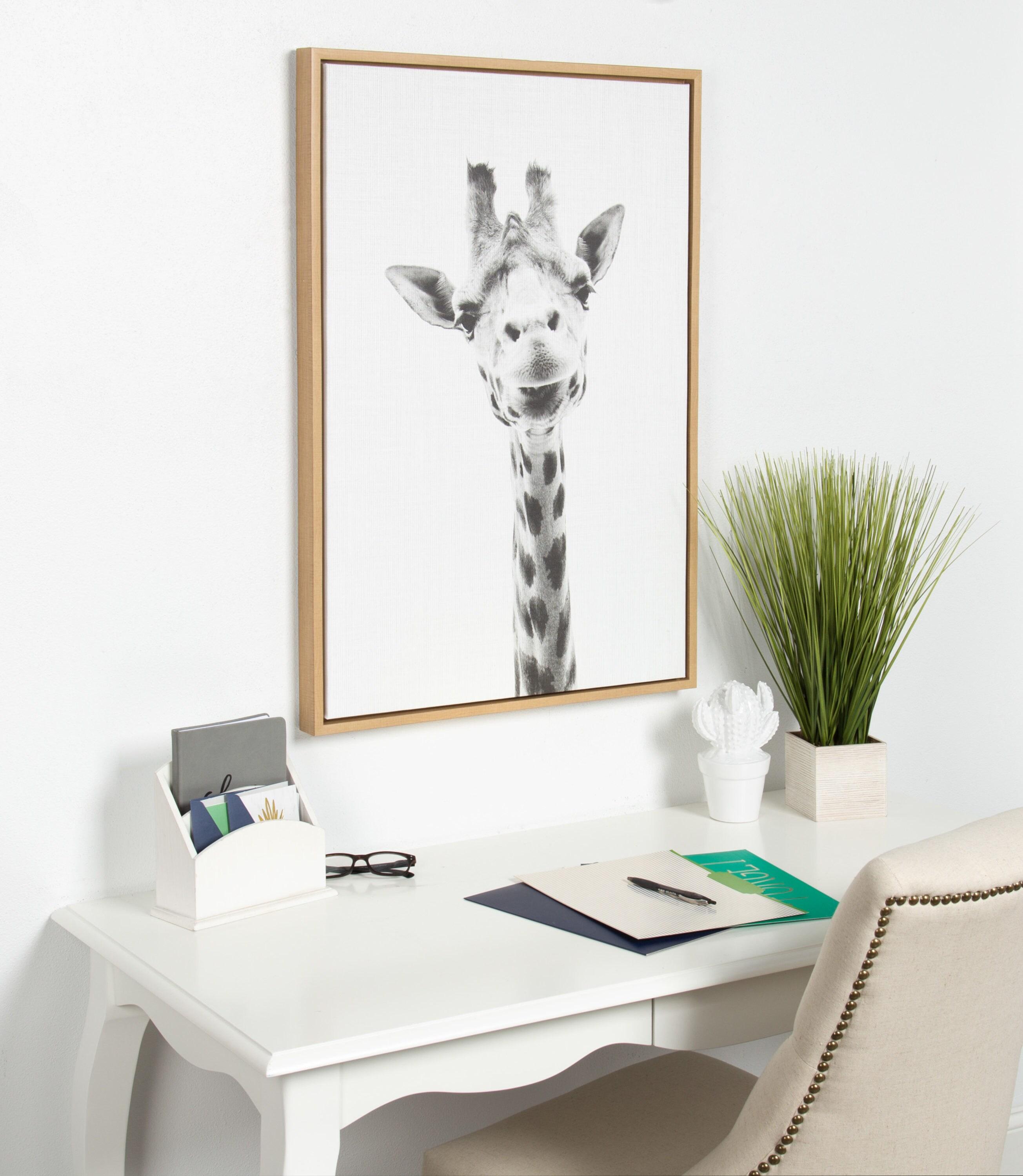 Kate and Laurel Sylvie Giraffe Animal Print Black and White Portrait Framed Canvas Wall Art by Simon Te Tai, 23x33 Natural
