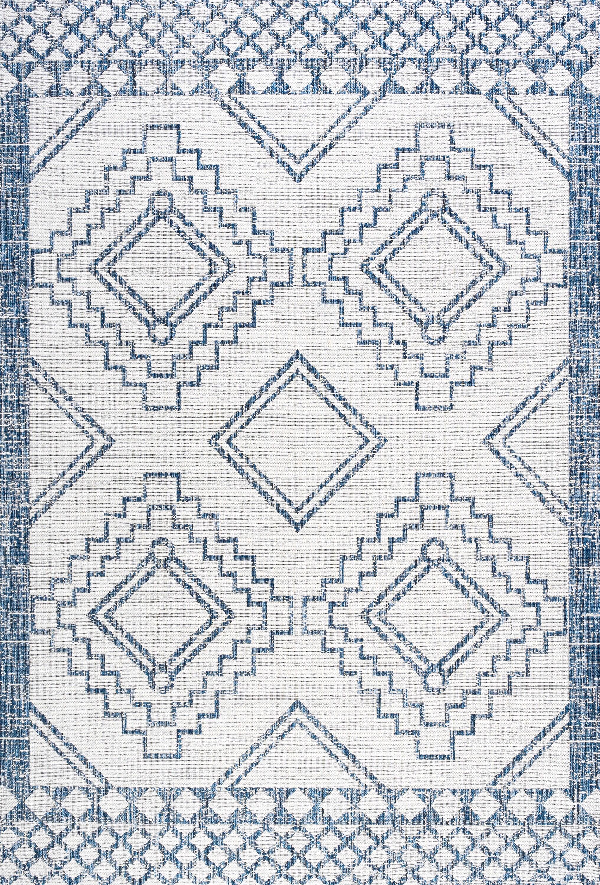3'x5' Marokko Diamond  Medallion Indoor/Outdoor Area Rug, Ivory/Blue - JONATHAN Y